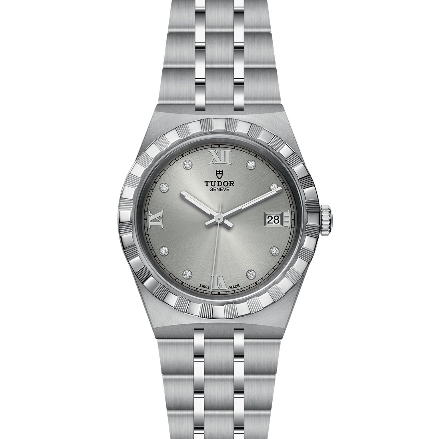 The TUDOR Royal is a stainless steel wristwatch with a silver dial, Roman numerals, diamond hour markers, an integrated bracelet, and a date display at 3 oclock.