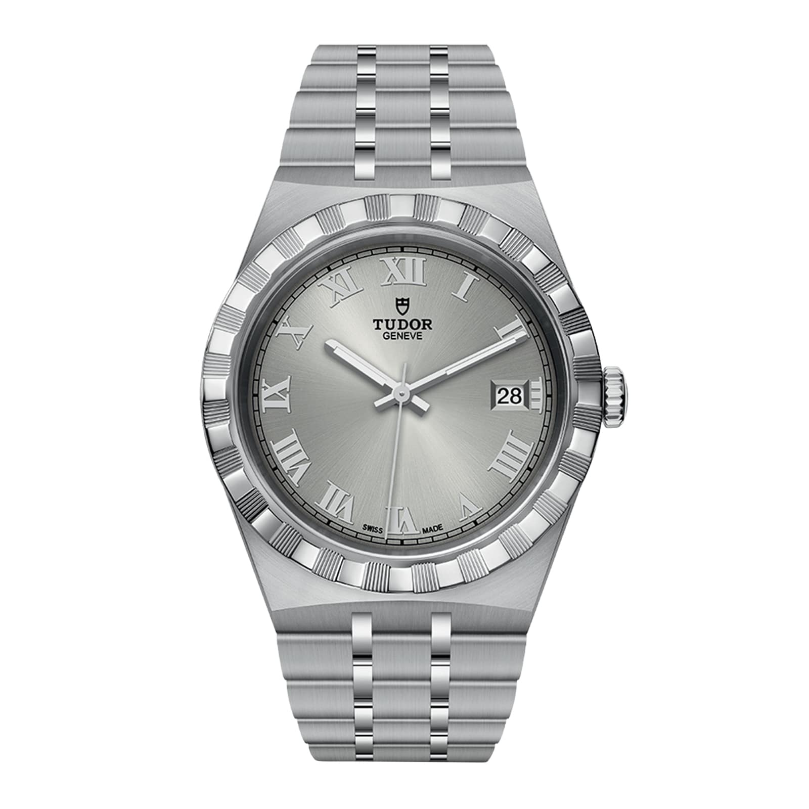 The TUDOR Royal is a stainless steel and gold wristwatch with a silver dial, Roman numerals, date window at 3 o’clock, and a sleek metal bracelet—an automatic sport-chic watch perfect for any occasion.
