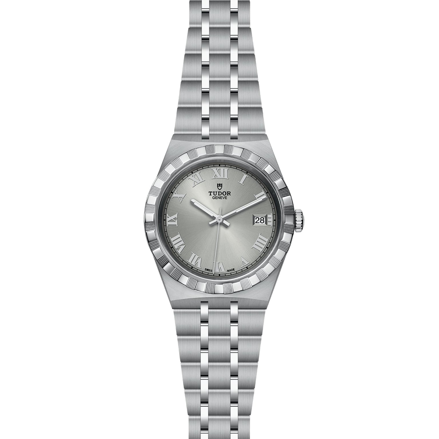 The TUDOR Royal is a stainless steel and gold wristwatch featuring a silver dial, Roman numeral hour markers, date window at 3 o’clock, and a five-link bracelet.