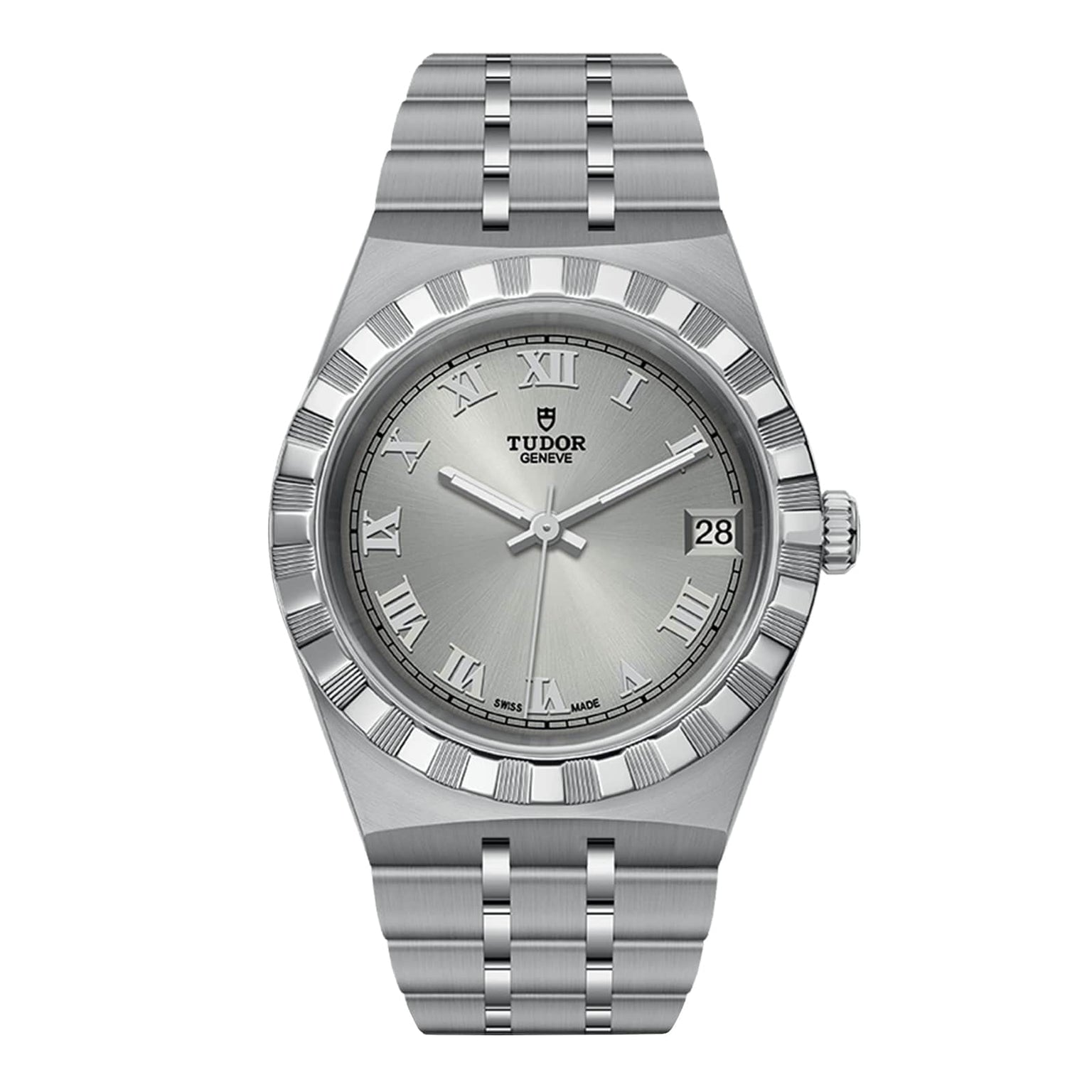 The TUDOR Royal is a silver wristwatch with a stainless steel band, Roman numeral hour markers, a date window at 3 oclock, and a fluted bezel—a refined automatic sport-chic watch.