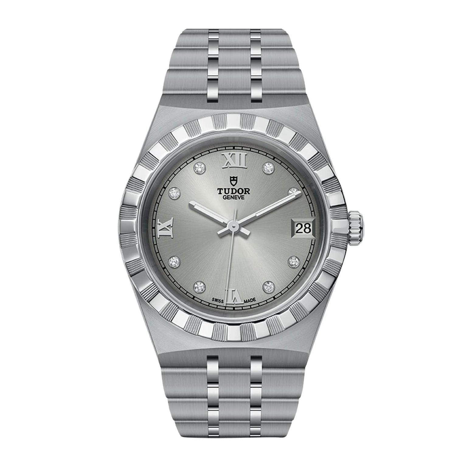 The TUDOR Royal features a metallic bracelet, Roman numeral and diamond hour markers, fluted bezel, and a date window at 3 o’clock—blending automatic sport-chic design with timeless elegance.