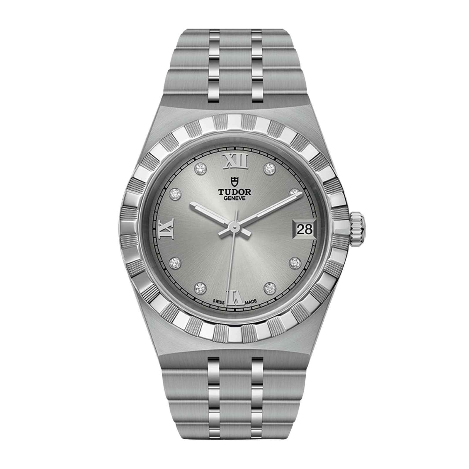 The TUDOR Royal features a metallic bracelet, Roman numeral and diamond hour markers, fluted bezel, and a date window at 3 o’clock—blending automatic sport-chic design with timeless elegance.