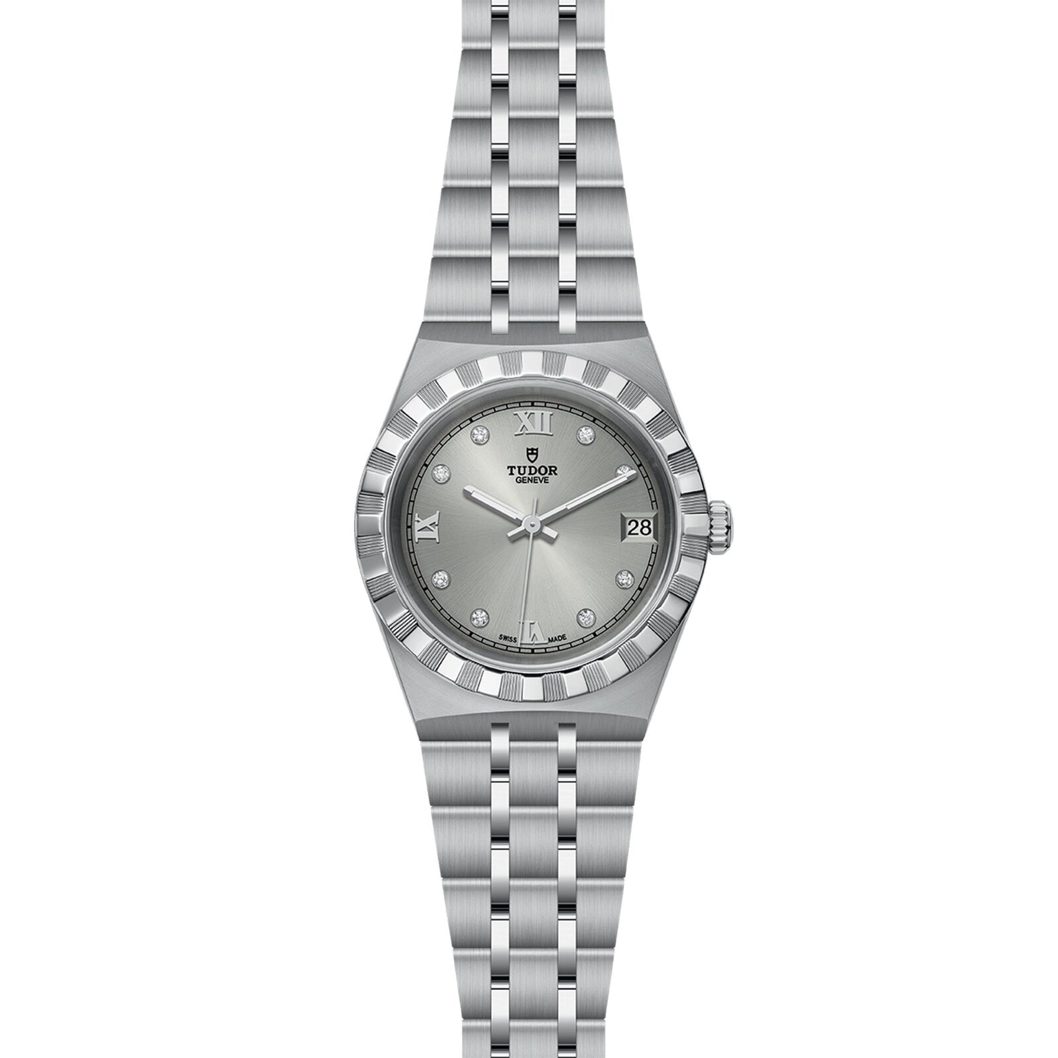 A TUDOR Royal wristwatch featuring a round face with Roman numeral and diamond hour markers, a date window at 3 o’clock, and a stainless steel and gold metal link bracelet.