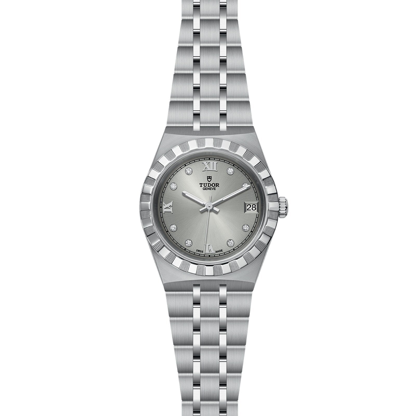 A TUDOR Royal wristwatch featuring a round face with Roman numeral and diamond hour markers, a date window at 3 o’clock, and a stainless steel and gold metal link bracelet.