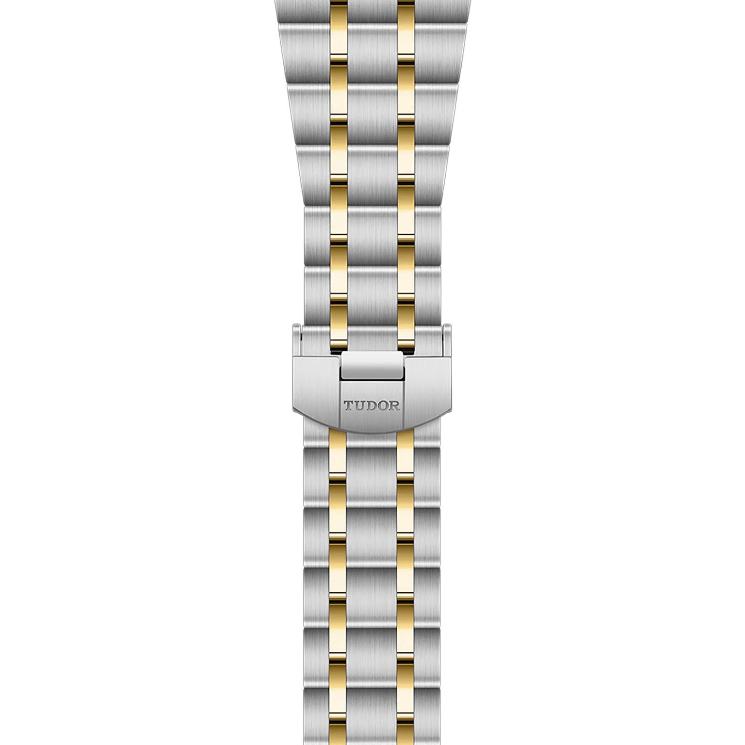 The TUDOR Royal bracelet features a two-tone metal design with alternating silver and gold links, finished with a clasp engraved with the TUDOR logo, inspired by the Royal range.