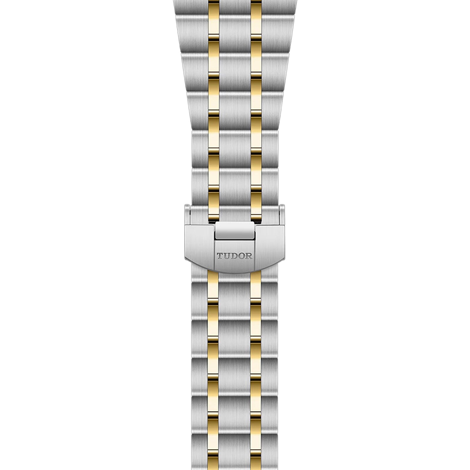 The TUDOR Royal bracelet features a two-tone metal design with alternating silver and gold links, finished with a clasp engraved with the TUDOR logo, inspired by the Royal range.