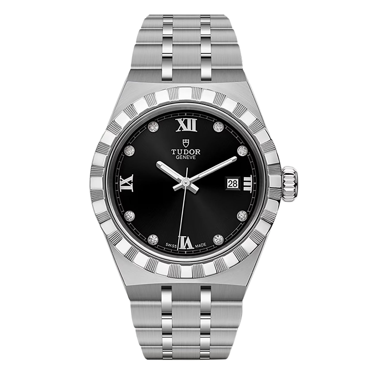 The TUDOR Royal is a stainless steel watch featuring a black dial with Roman numerals, diamond hour markers, a date window at 3 o’clock, and a metal link bracelet—perfect for a refined sport-chic look.