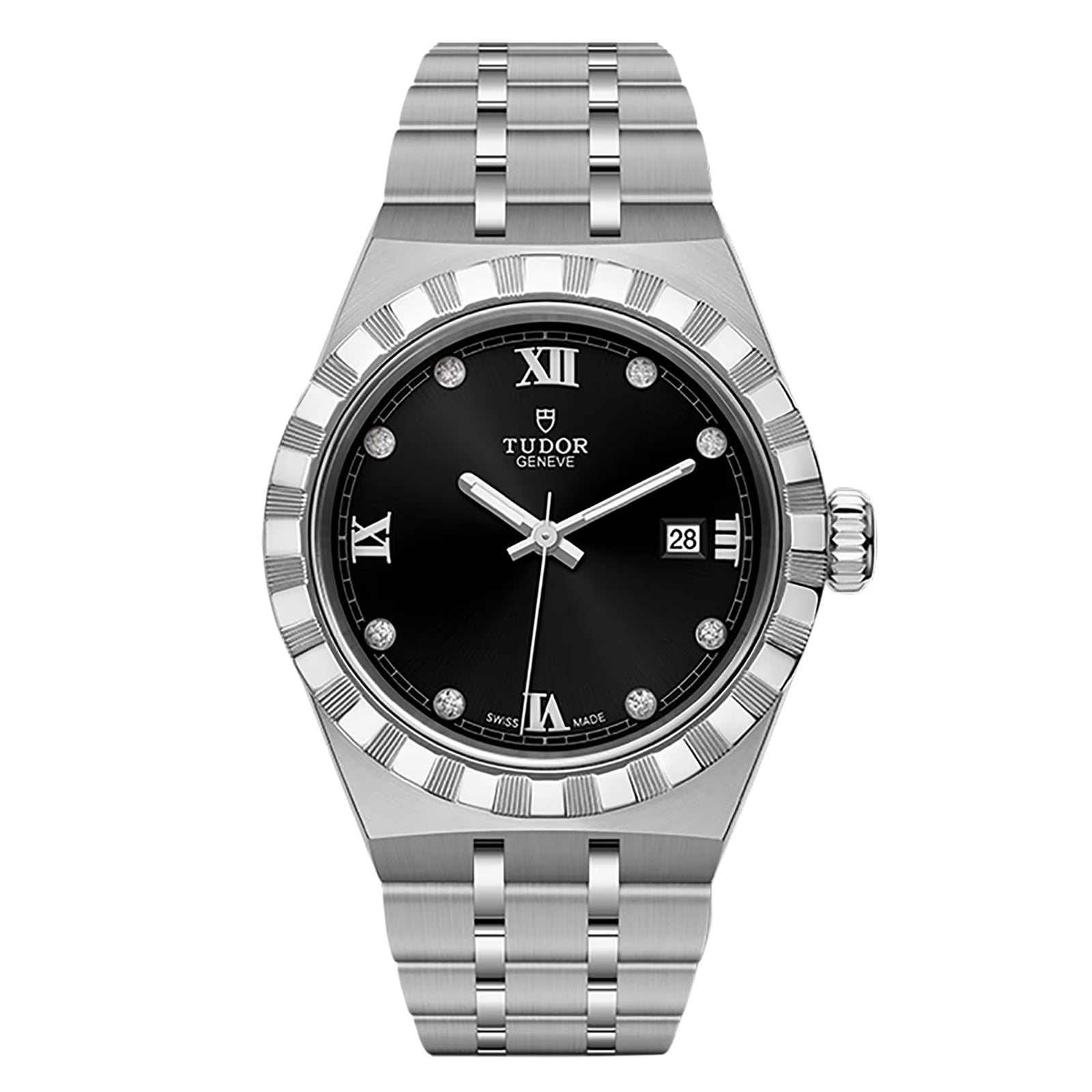 The TUDOR Royal is a stainless steel watch featuring a black dial with Roman numerals, diamond hour markers, a date window at 3 o’clock, and a metal link bracelet—perfect for a refined sport-chic look.