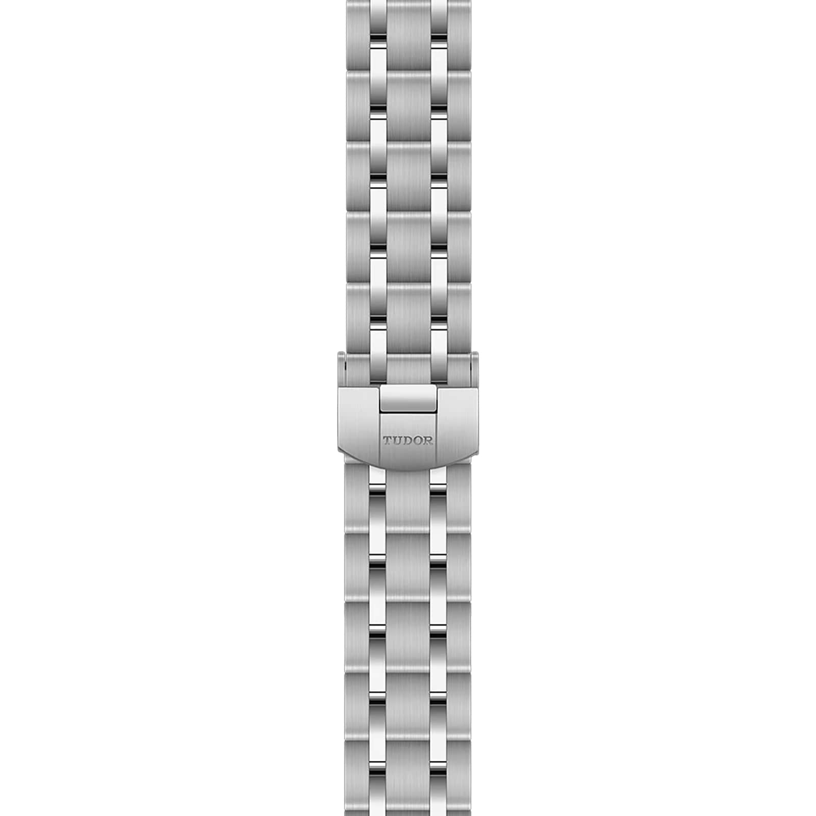 The TUDOR Royal watch features a stainless steel bracelet with a five-link design and branded clasp, displayed from a top-down perspective.