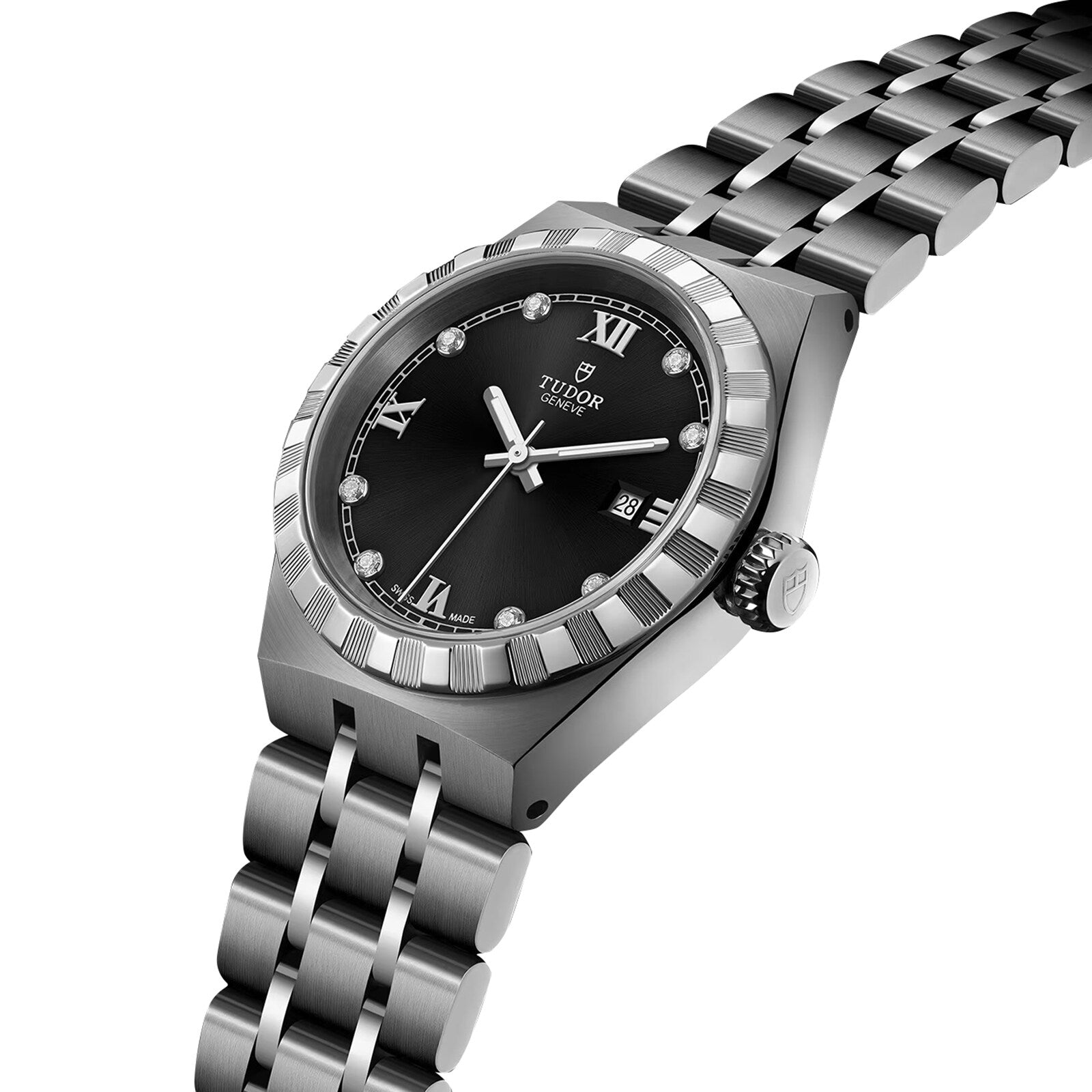 The TUDOR Royal, a stainless steel watch with a black dial, silver hour markers, date window, and link bracelet, is showcased at an angle on a white background.