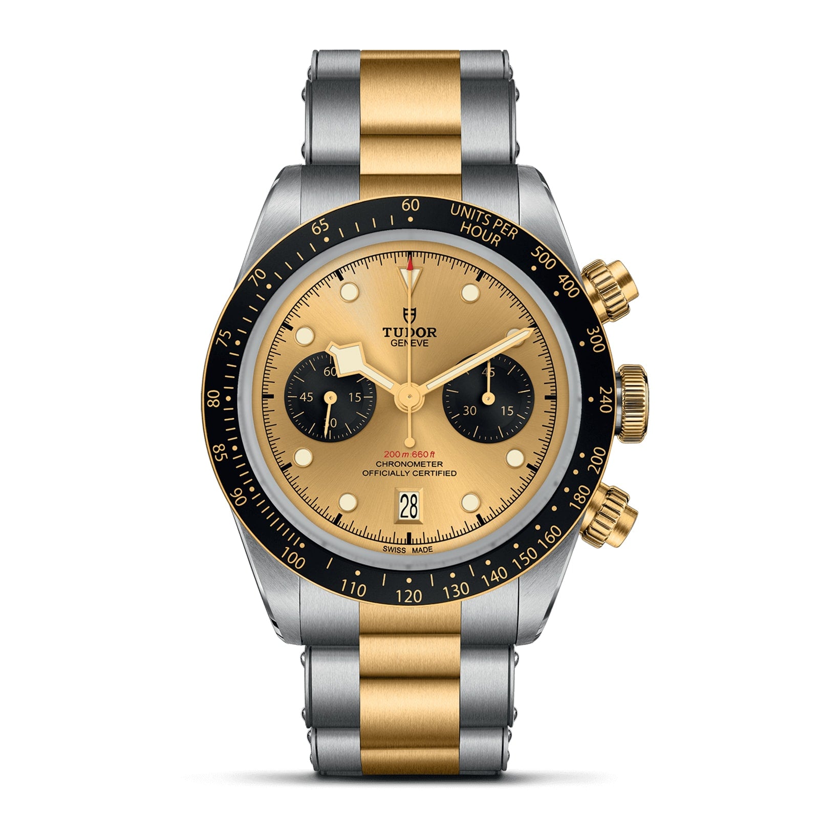 The TUDOR Black Bay Chrono S&G showcases a yellow gold and silver bracelet, black bezel, gold dial, two black subdials, and a date display at 6 o’clock.