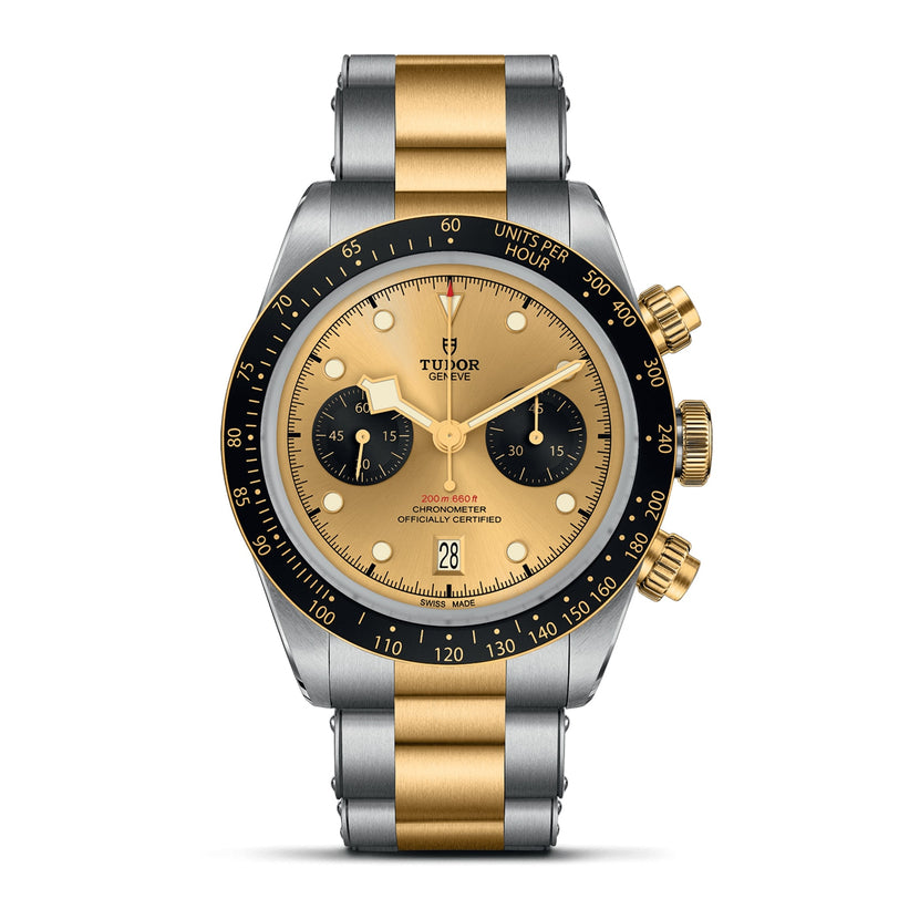 The TUDOR Black Bay Chrono S&G showcases a yellow gold and silver bracelet, black bezel, gold dial, two black subdials, and a date display at 6 o’clock.