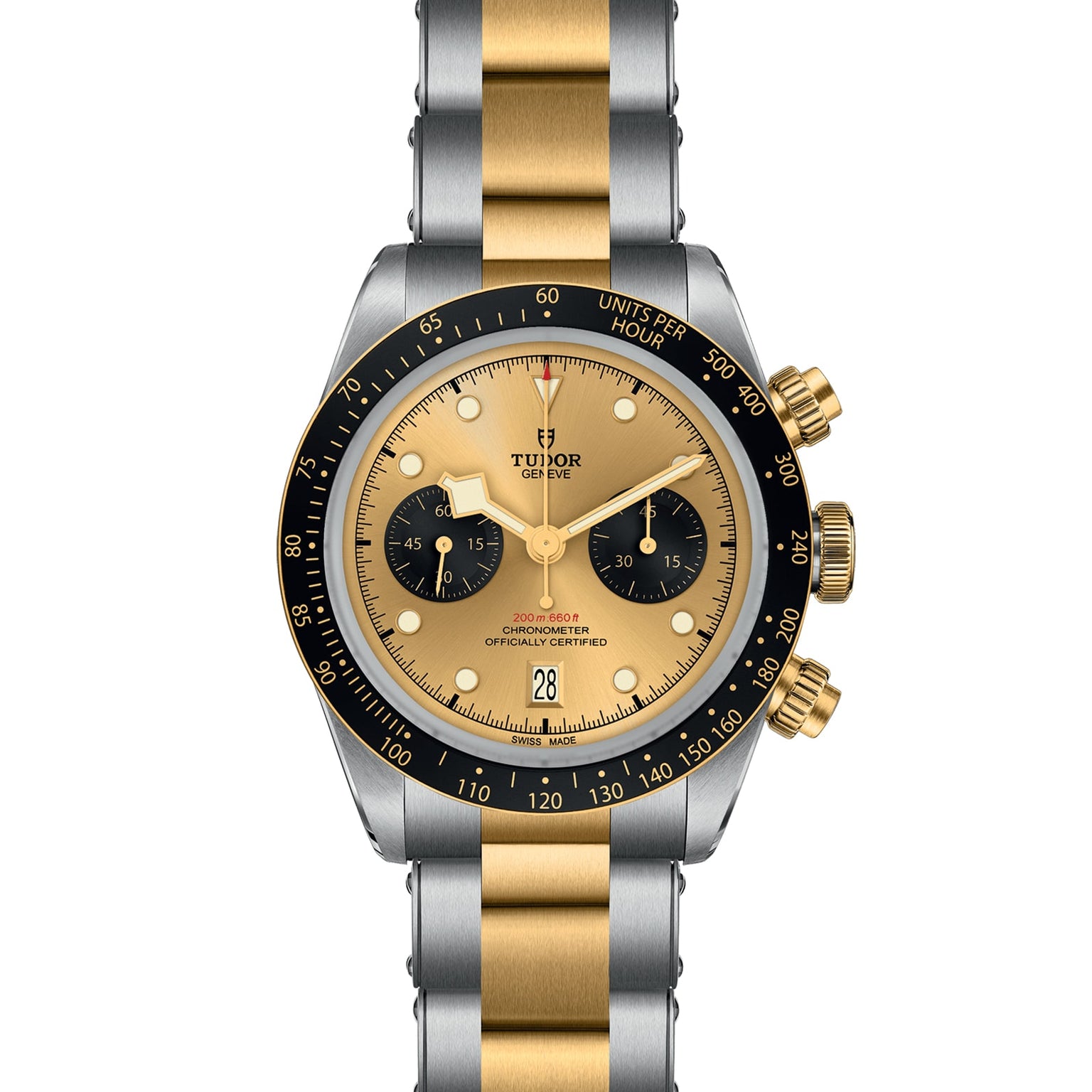 The TUDOR Black Bay Chrono S&G features a gold and silver bracelet, black bezel, and gold dial with two subdials.