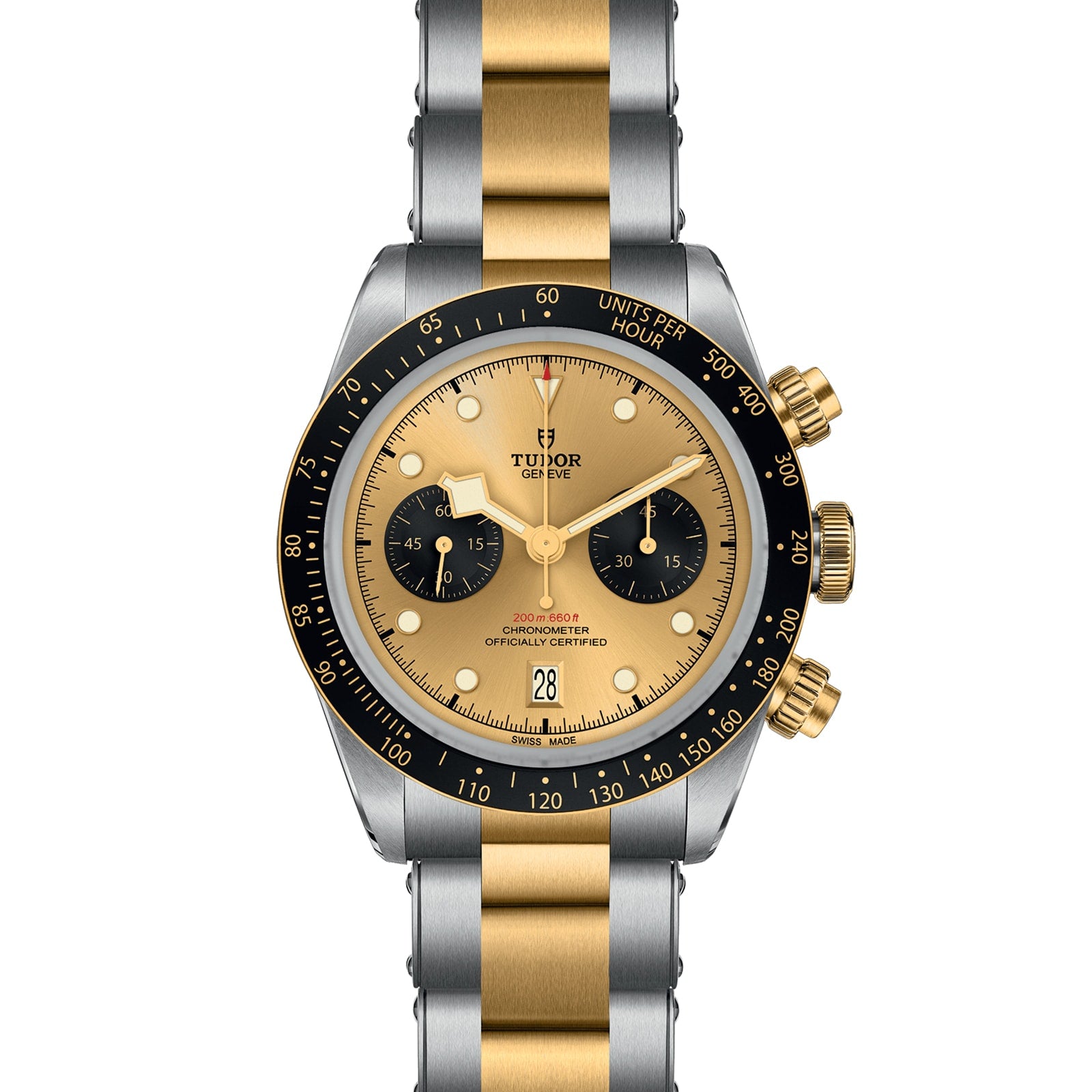 The TUDOR Black Bay Chrono S&G features a gold and silver bracelet, black bezel, and gold dial with two subdials.