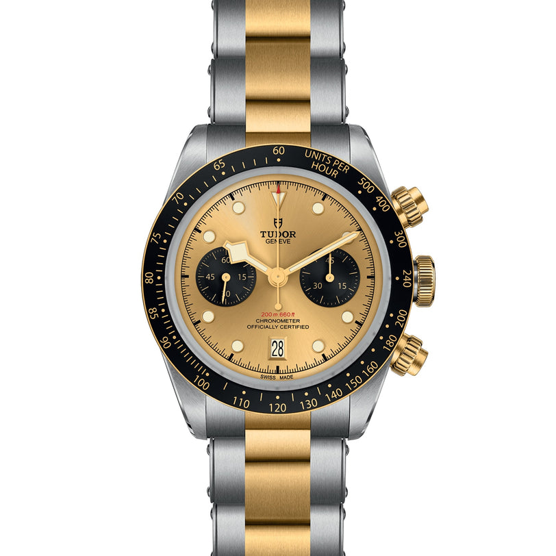 The TUDOR Black Bay Chrono S&G features a gold and silver bracelet, black bezel, and gold dial with two subdials.