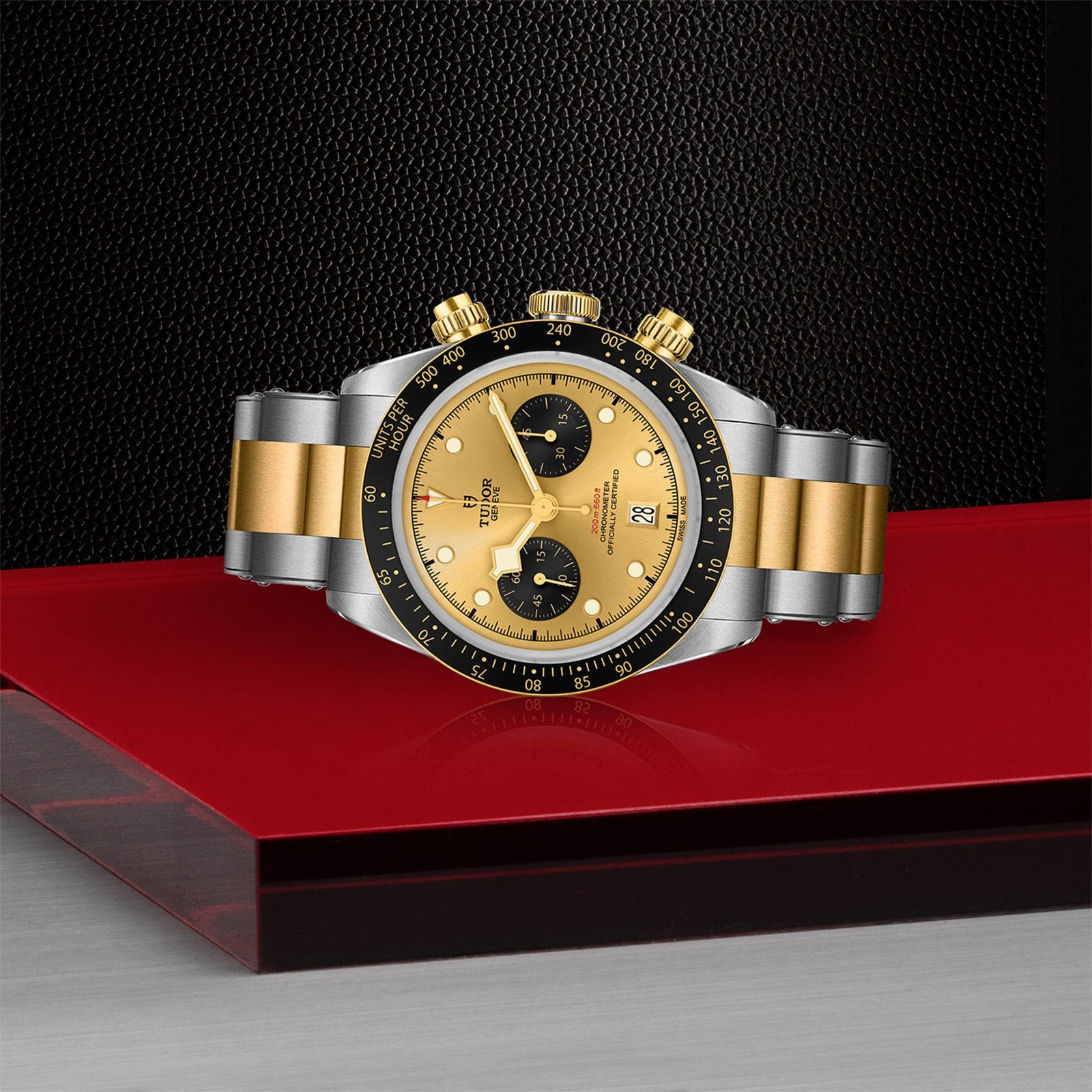 A TUDOR Black Bay Chrono S&G wristwatch with a yellow gold dial and black subdials is displayed on a red and gray surface against a textured black background.