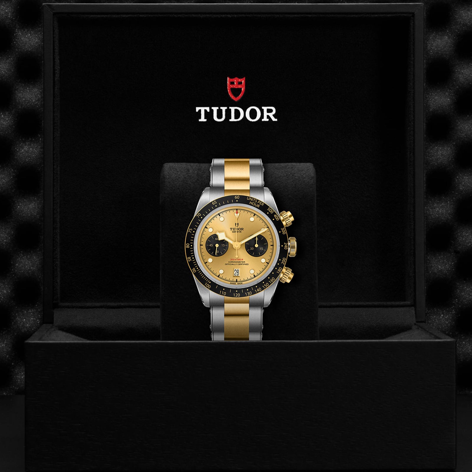 A TUDOR Black Bay Chrono S&G wristwatch with a yellow gold and silver bracelet is displayed in an open black TUDOR-branded box.