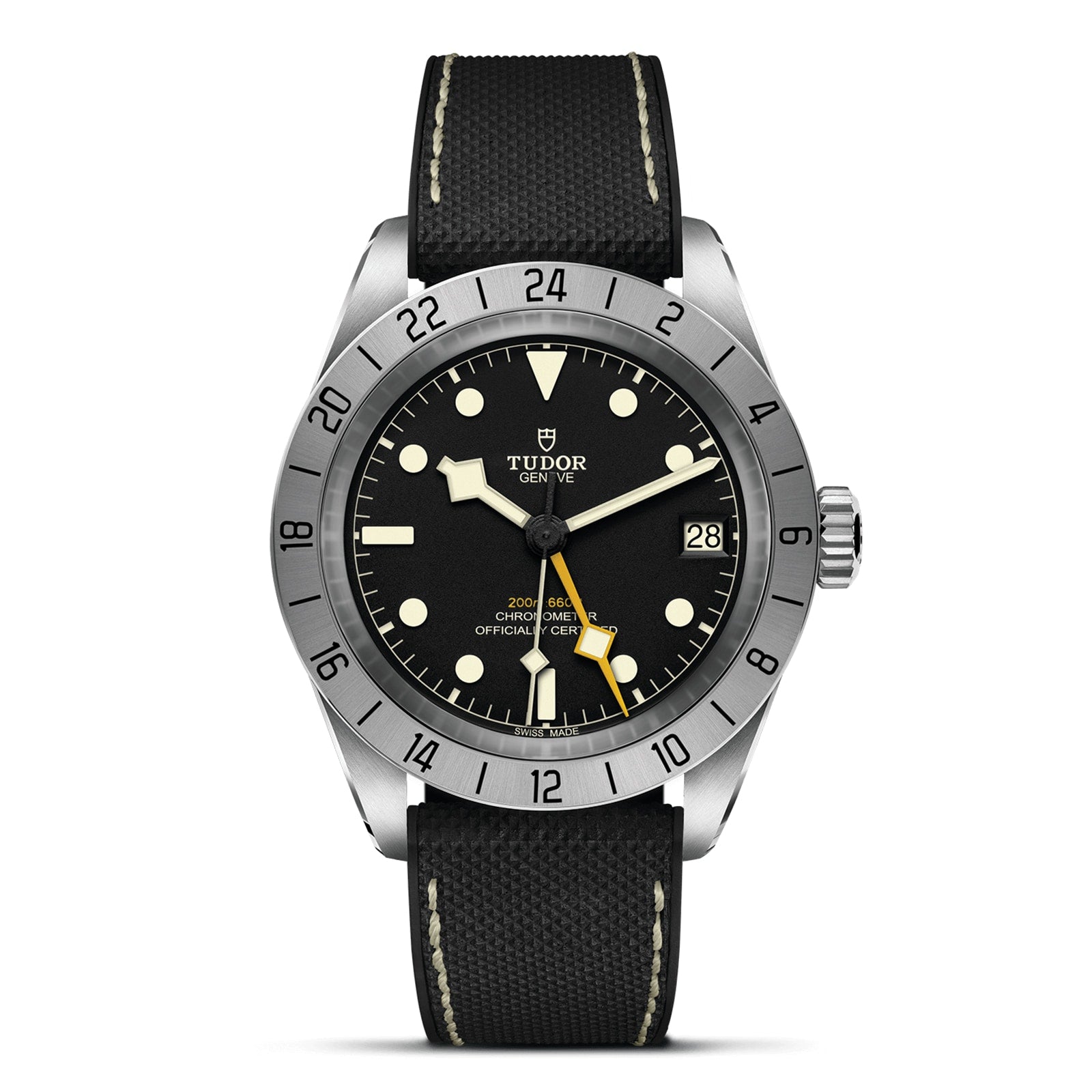 The TUDOR Black Bay Pro is a neo-vintage wristwatch inspired by classic Tudor divers, featuring a black dial, large luminescent markers, rotating bezel, date window at 3 o’clock, and a black textured strap with white stitching.