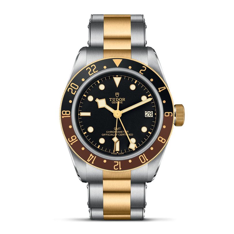 The TUDOR Black Bay GMT S&G features a black and yellow gold bezel, black dial with gold hour markers, date at 3 o’clock, and a stainless steel and yellow gold bracelet inspired by classic TUDOR divers’ watches.