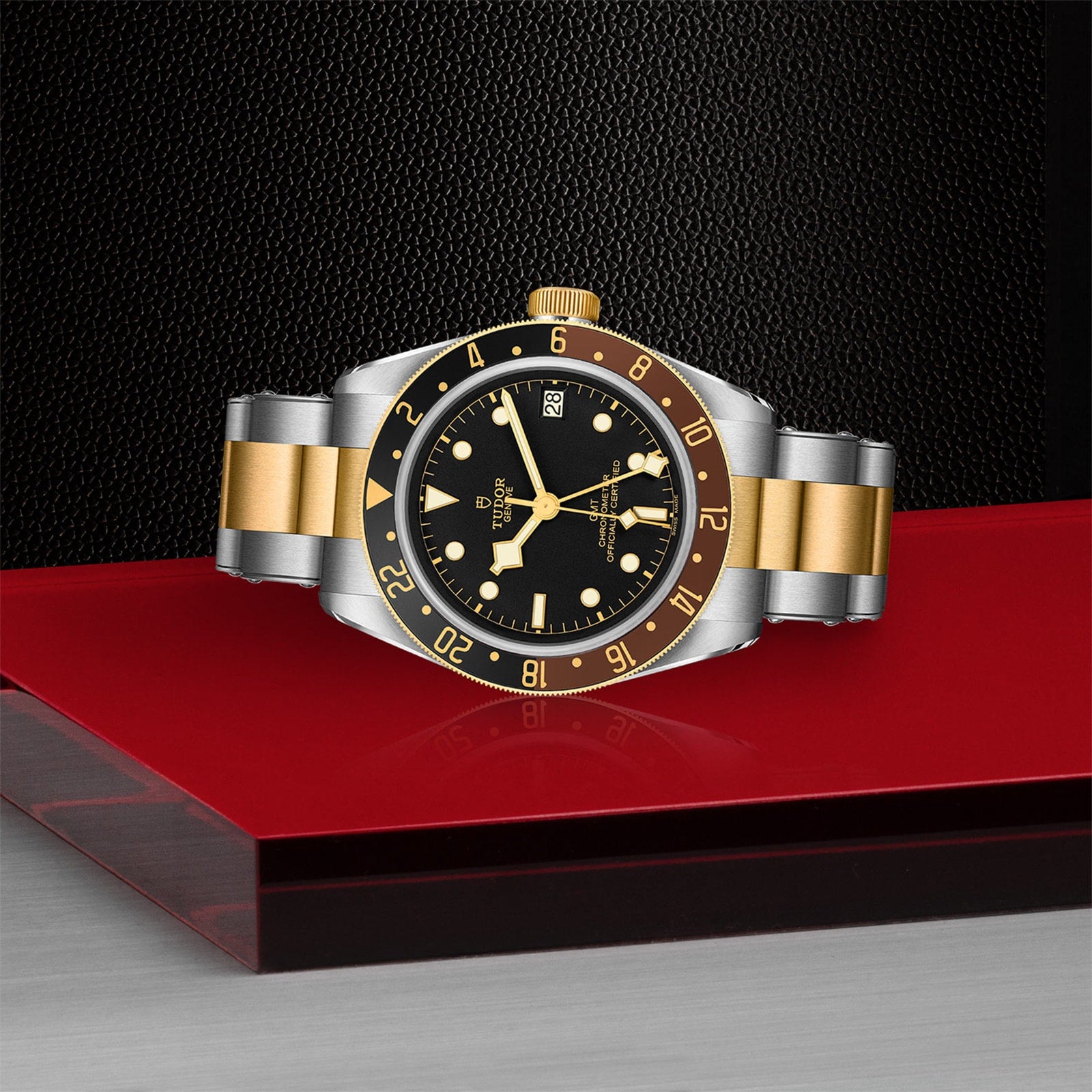 The TUDOR Black Bay GMT S&G wristwatch, featuring yellow gold accents and a black dial and bezel, is showcased on a red and gray platform against a textured black background.