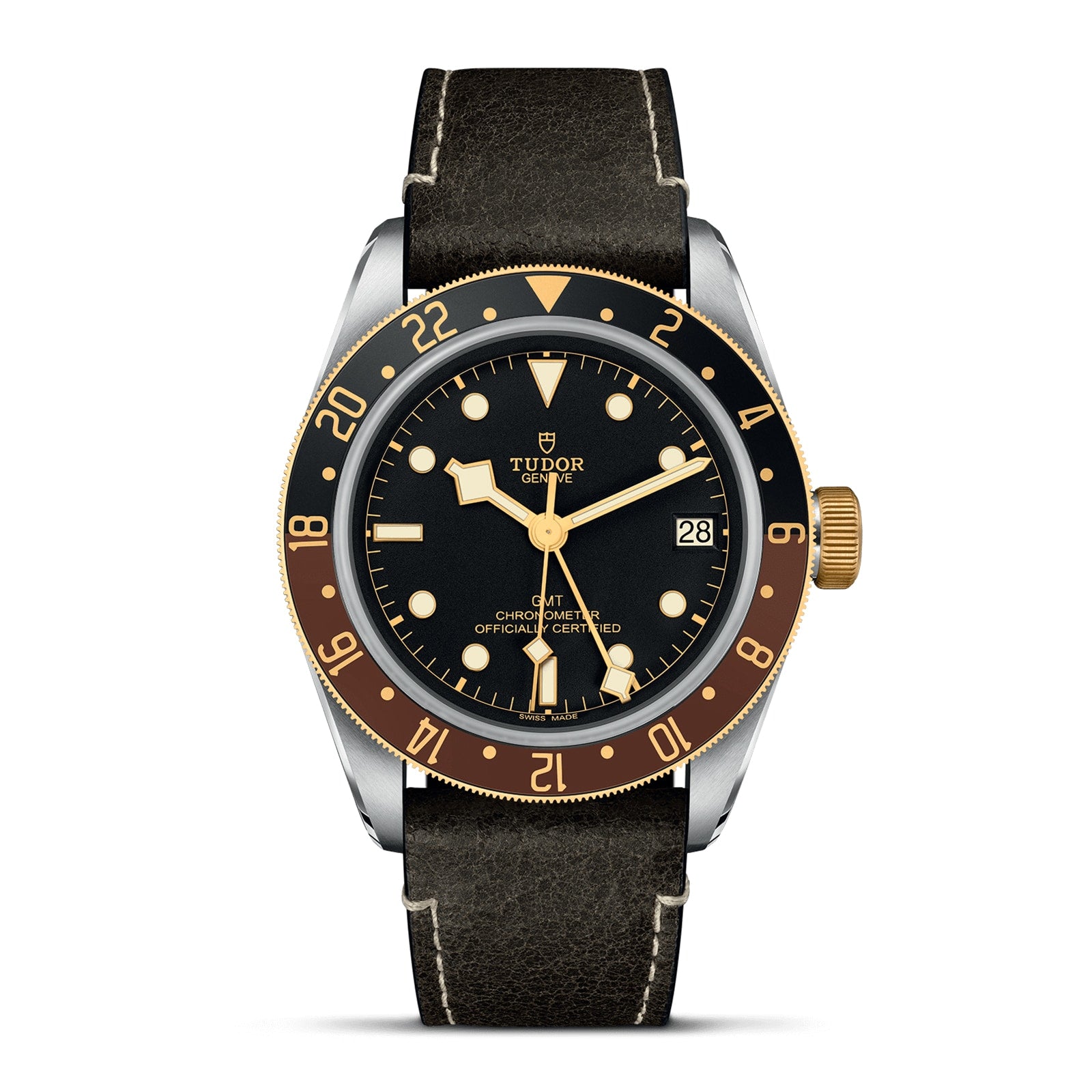 The TUDOR Black Bay GMT S&G features a black and gold bezel, black dial with yellow gold hour markers and hands, date at 3 oclock, and a sleek black leather strap—honoring classic TUDOR diver’s watch heritage.