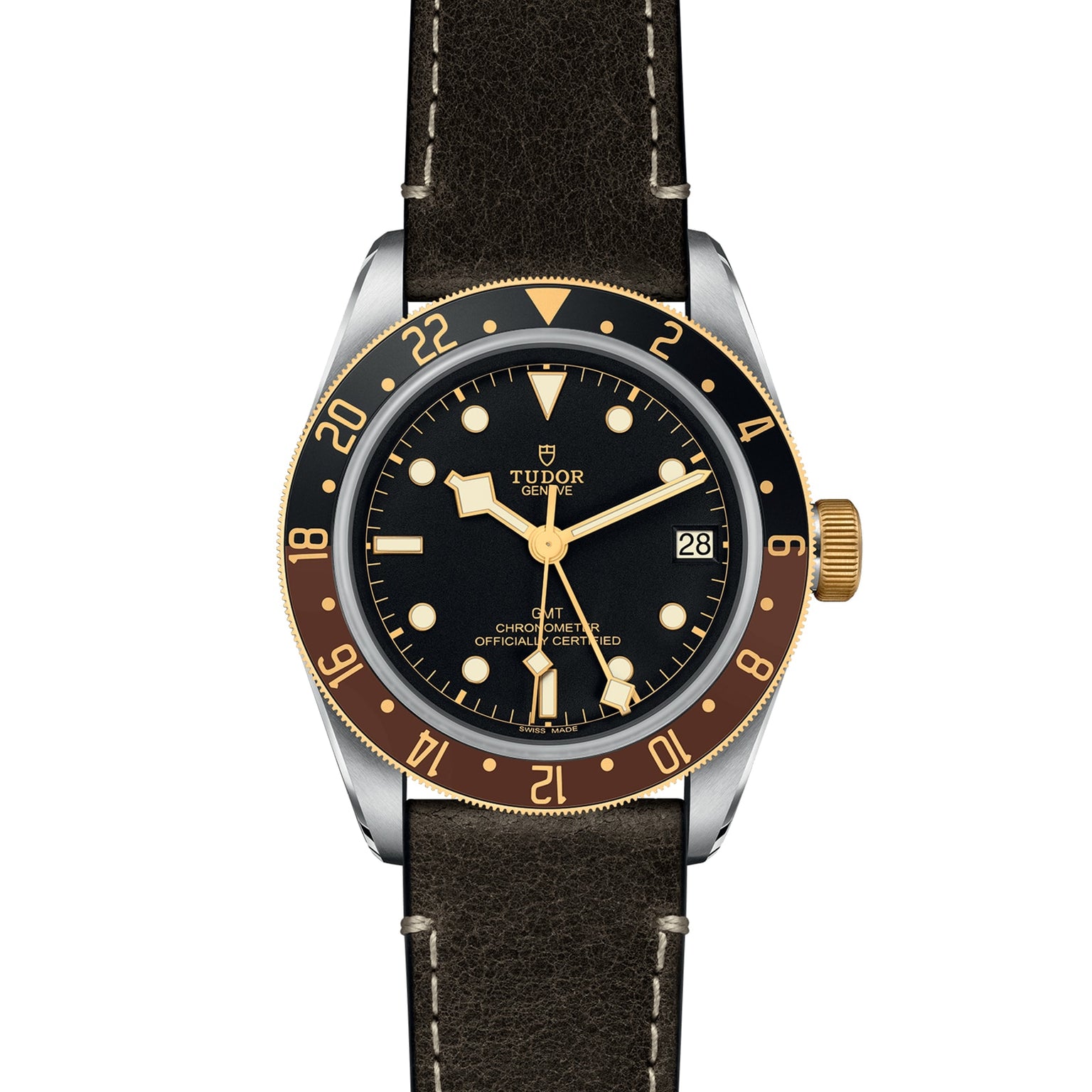 The TUDOR Black Bay GMT S&G features a black and gold bezel, black dial, leather strap, and a date display at 3 oclock.