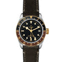 The TUDOR Black Bay GMT S&G features a black and gold bezel, black dial, leather strap, and a date display at 3 oclock.