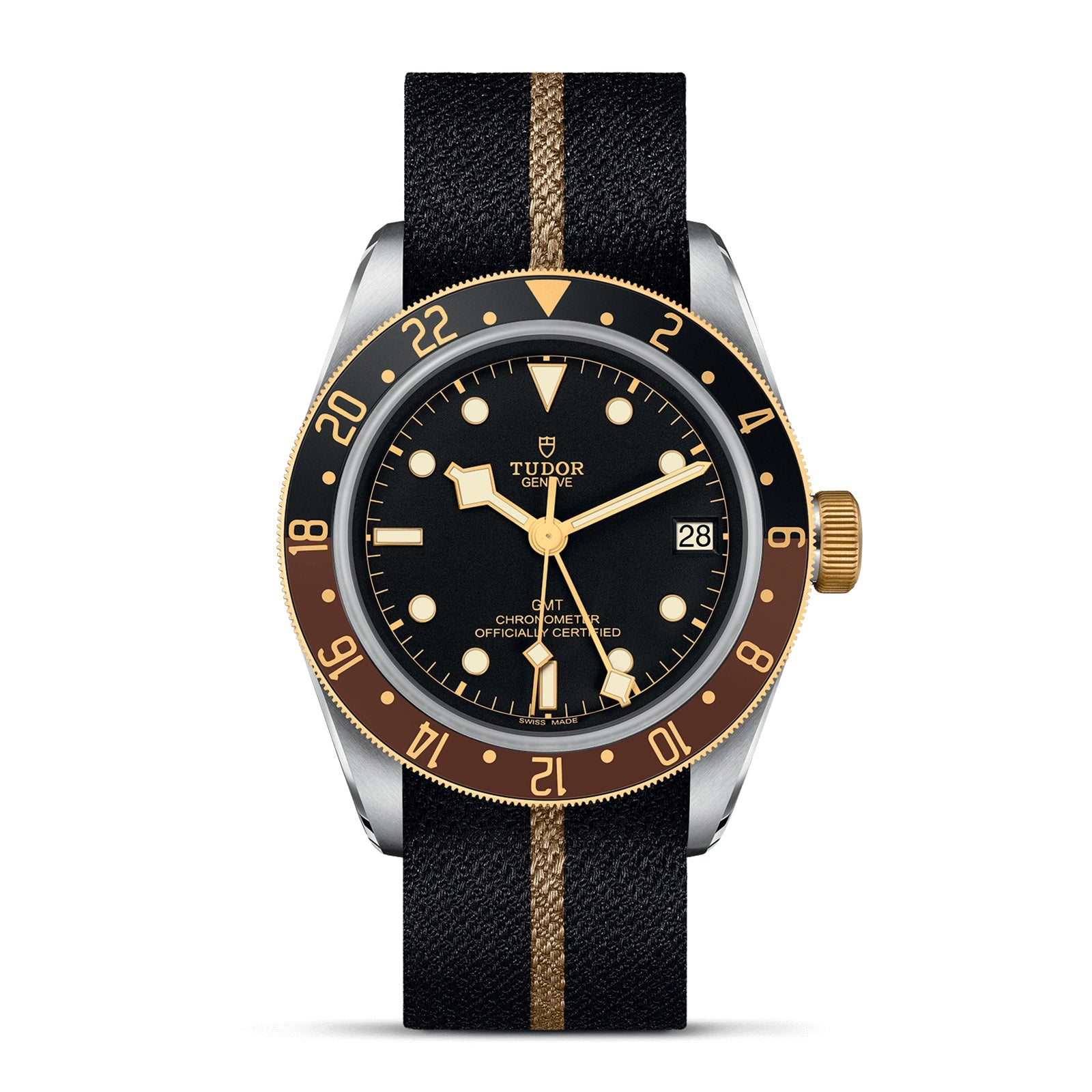 The TUDOR Black Bay GMT S&G features a black and gold bezel, black dial, gold crown, and a black fabric strap with a gold stripe. Its steel and gold design recalls classic TUDOR divers’ watches and includes a date at 3 o’clock.