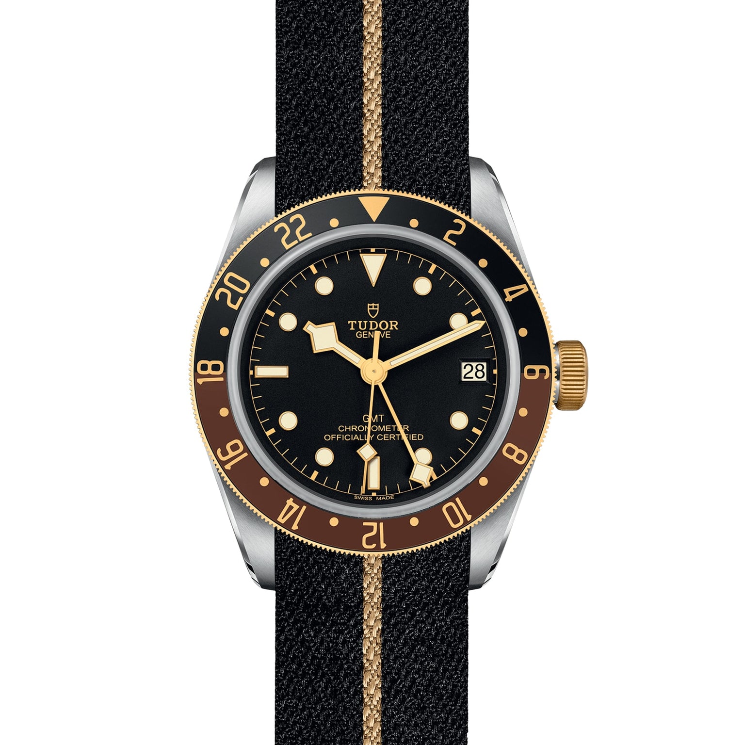 The TUDOR Black Bay GMT S&G wristwatch features a black and gold bezel, black dial, gold hour markers, and a black fabric strap with a gold stripe—a modern interpretation of classic Tudor divers’ watches in Steel & Gold.