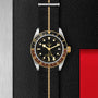 The TUDOR Black Bay GMT S&G, featuring a black and gold bezel, black dial, and a black fabric strap with a gold stripe, is displayed on a textured black and red background, highlighting the elegance of TUDOR diver’s watches.