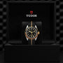 A TUDOR Black Bay GMT S&G wristwatch with a black and gold bezel and black fabric strap is displayed upright in an open black box, featuring the TUDOR logo on the inside lid—highlighting its diver’s watch heritage.