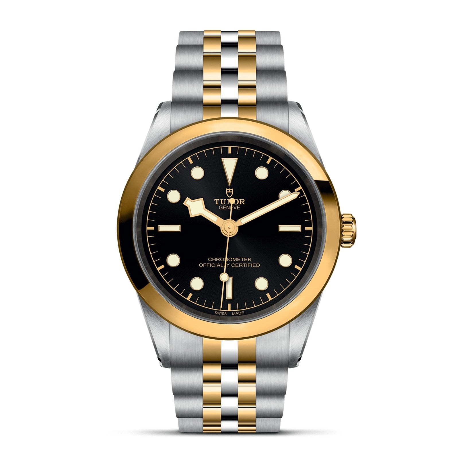 The TUDOR Black Bay One 41 S&G features a black dial, gold bezel and markers, plus a silver and gold bracelet—a striking, modern addition to the TUDOR collection.