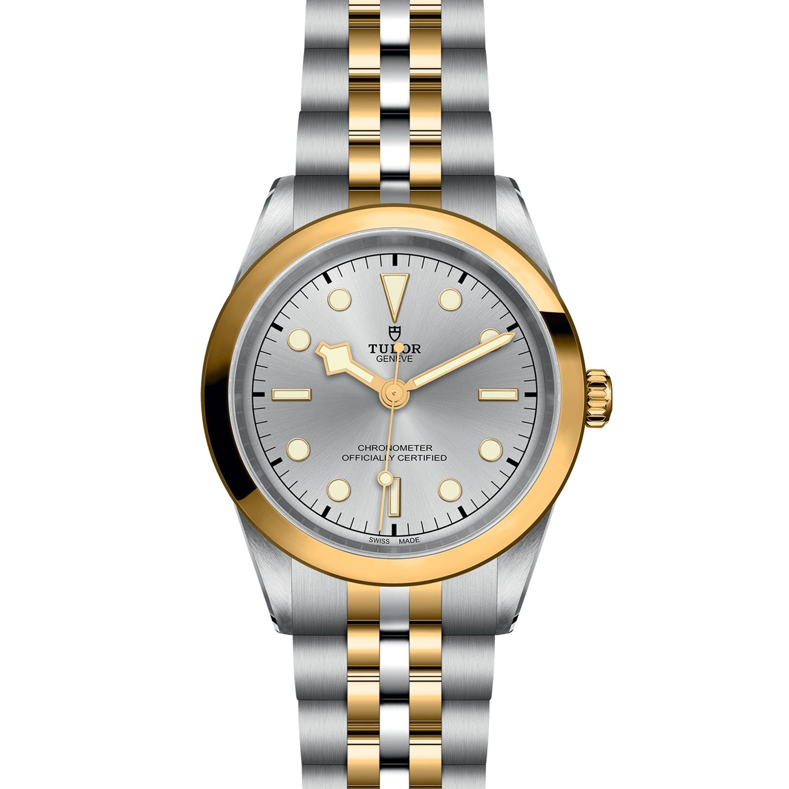 The TUDOR Black Bay One 41 S&G is a two-tone silver and gold wristwatch featuring a silver dial and metal link bracelet.