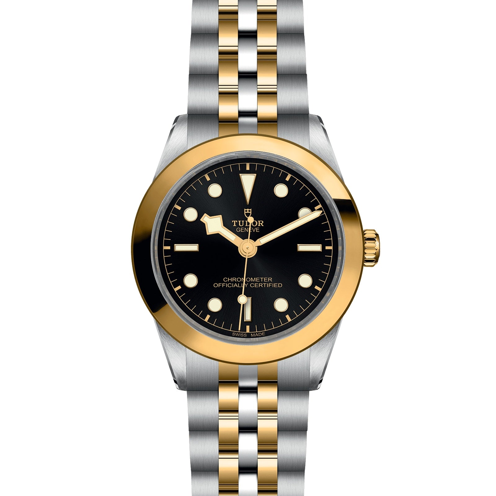 The TUDOR Black Bay One 39 S&G features a black dial, gold hour markers, and a two-tone steel and gold bracelet—showcasing modern design inspired by classic diving watches.