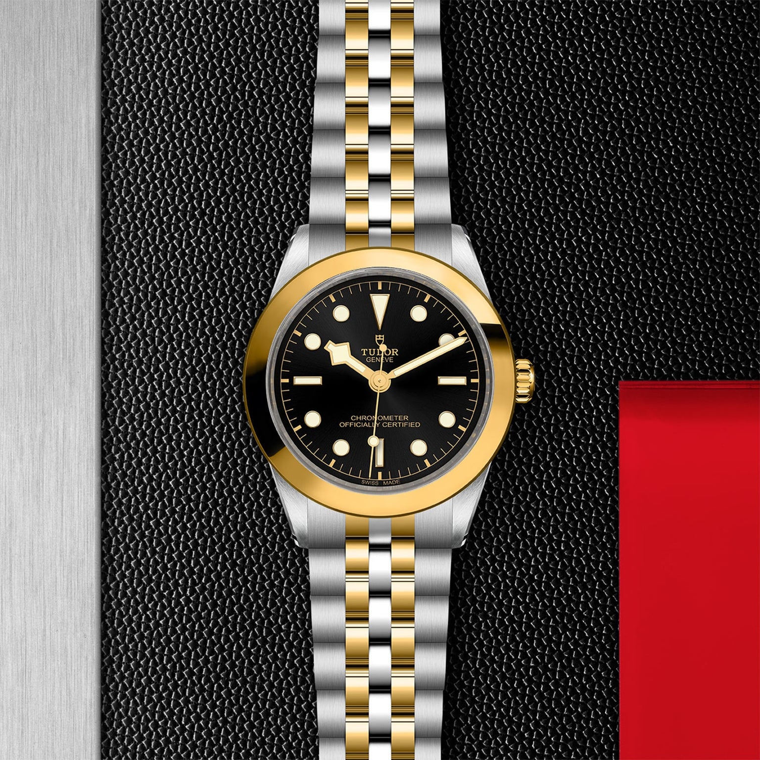The TUDOR Black Bay One 39 S&G, featuring a black dial, gold bezel, and silver and gold bracelet, is showcased on a textured black background with a red accent.