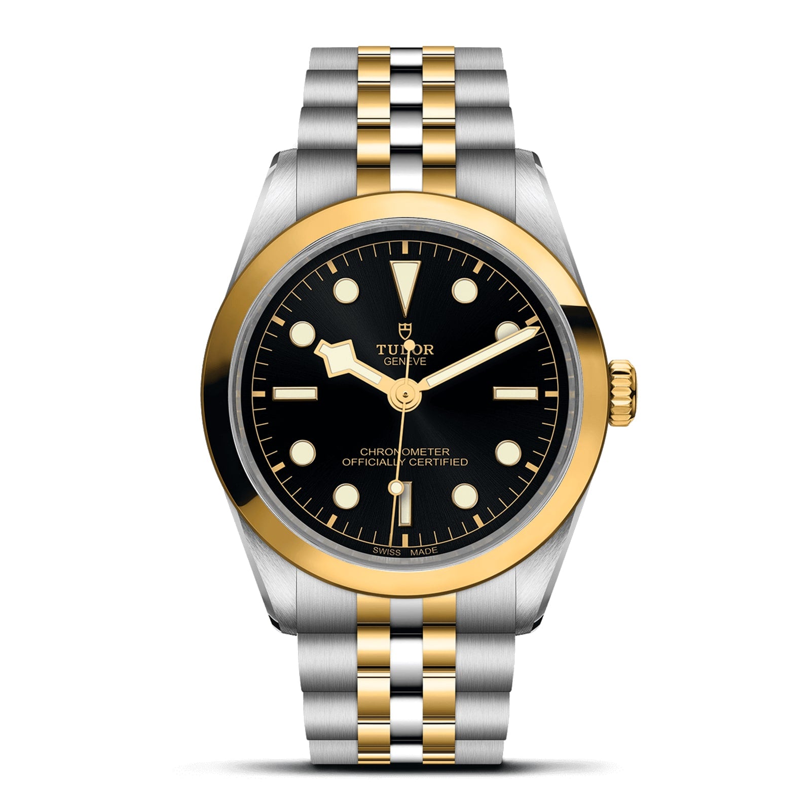 The TUDOR Black Bay One 36 S&G features a black dial, gold bezel, and a stainless steel and gold bracelet with simple hour markers and three hands.