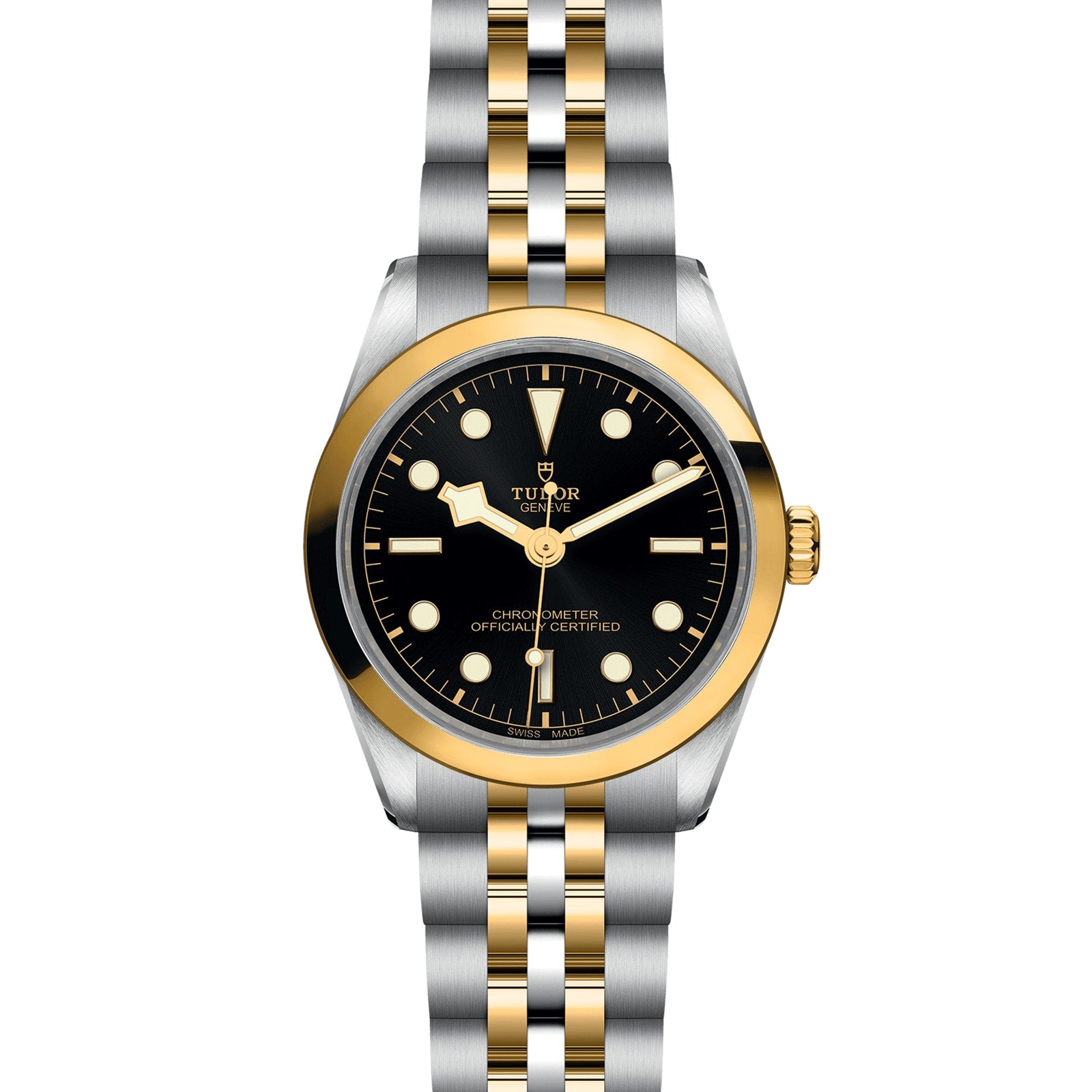 The TUDOR Black Bay One 36 S&G is a two-tone wristwatch featuring a black dial, gold hour markers, gold bezel, and a stainless steel and gold bracelet. The time on the watch is set to 10:10.