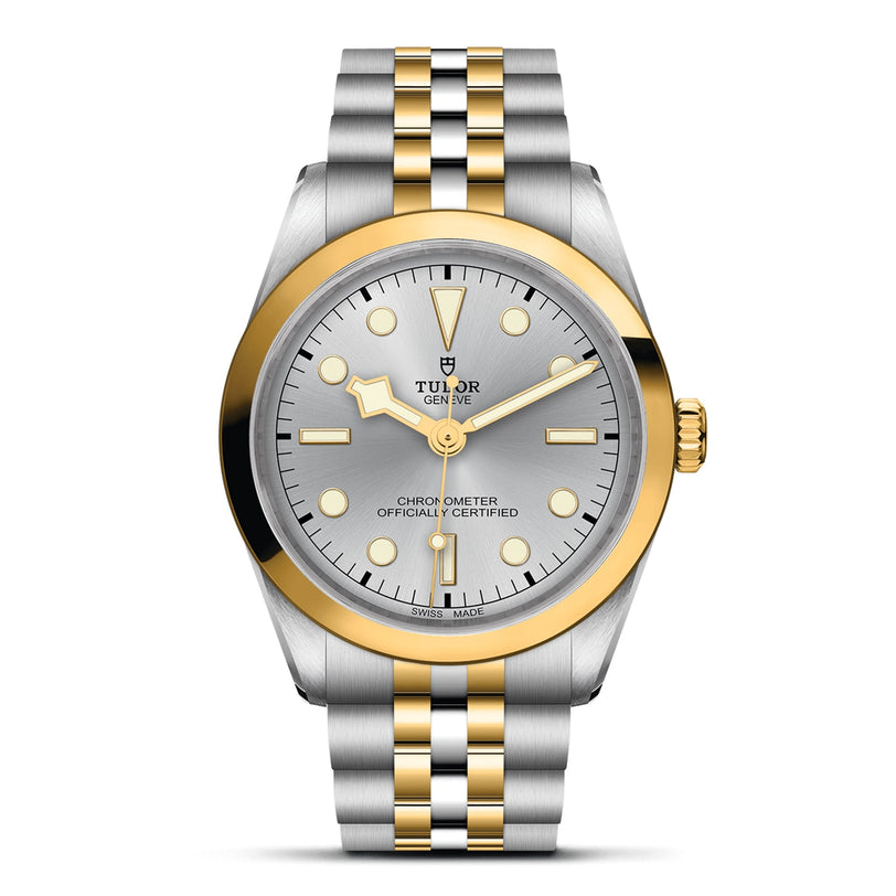 The TUDOR Black Bay One 36 S&G features a silver and gold two-tone metal band, silver dial, gold bezel, and gold hour markers and hands.