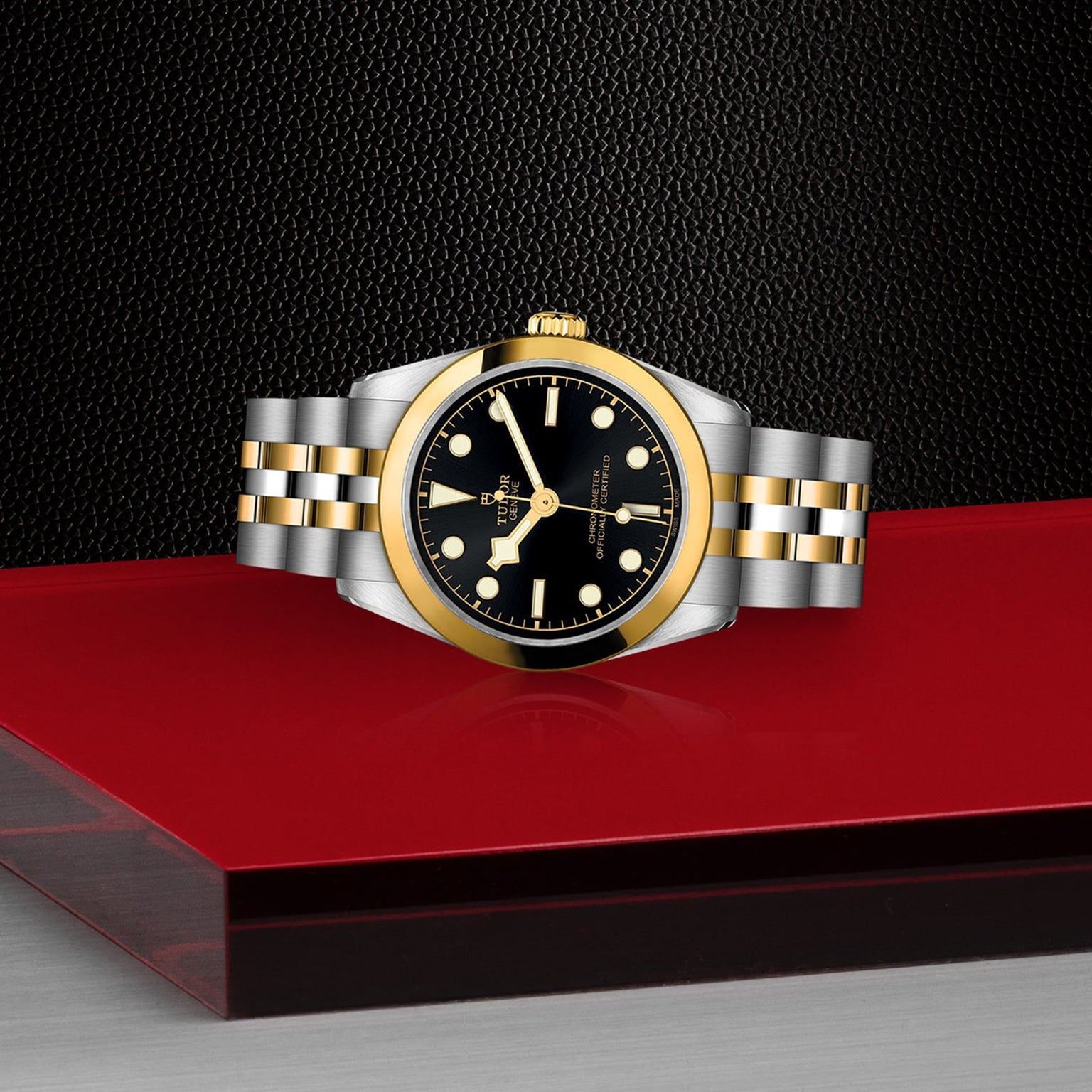 The TUDOR Black Bay One 31 S&G wristwatch with a black dial and gold accents rests on red glass against a textured black backdrop.