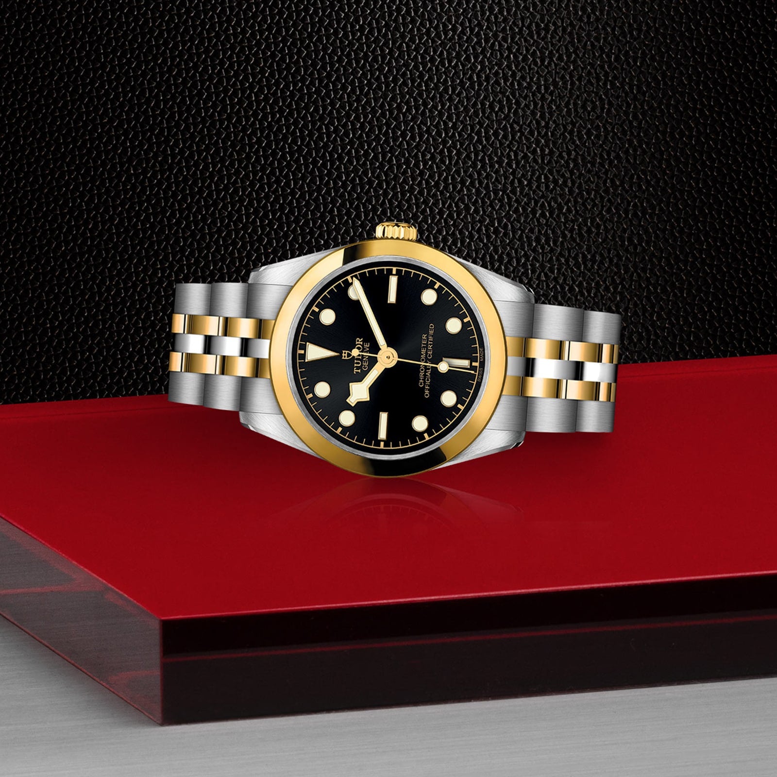 The TUDOR Black Bay One 31 S&G wristwatch with a black dial and gold accents rests on red glass against a textured black backdrop.