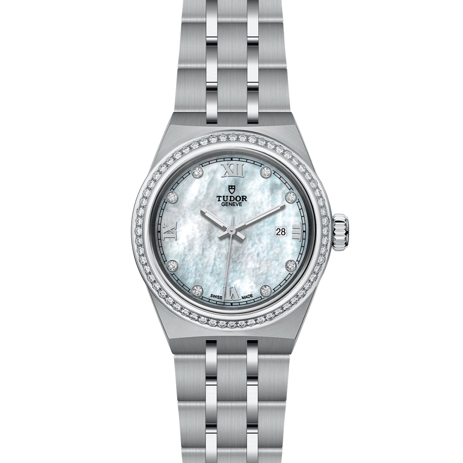 The TUDOR Royal is a silver wristwatch with a mother-of-pearl dial, diamond hour markers, Roman numerals, date display, and a diamond-set bezel on a metal link bracelet.