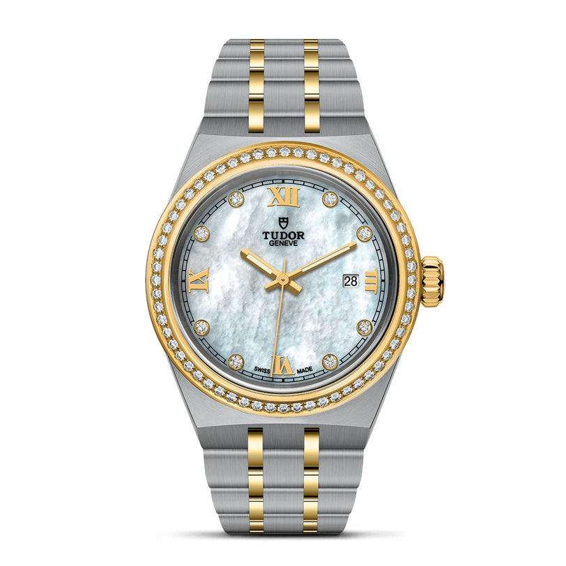 The TUDOR Royal features a silver and gold two-tone metal band, diamond bezel, white mother-of-pearl dial with Roman numerals and date display—showcasing the refined craftsmanship of TUDOR.