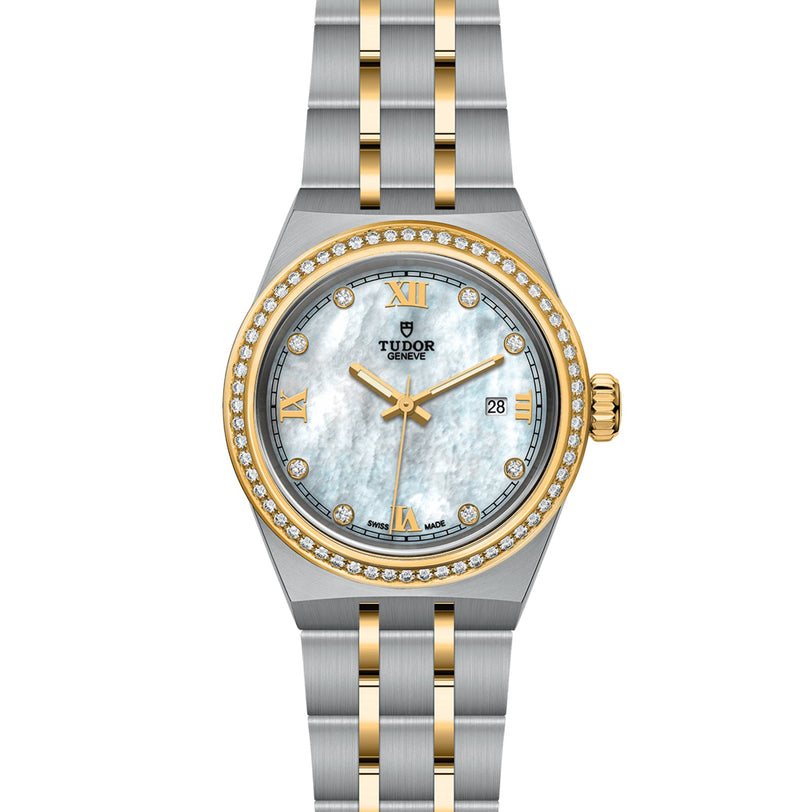The TUDOR Royal is a two-tone wristwatch inspired by Black Bay, featuring a diamond bezel, mother-of-pearl dial, gold Roman numerals, date display, and a stainless steel and gold bracelet.