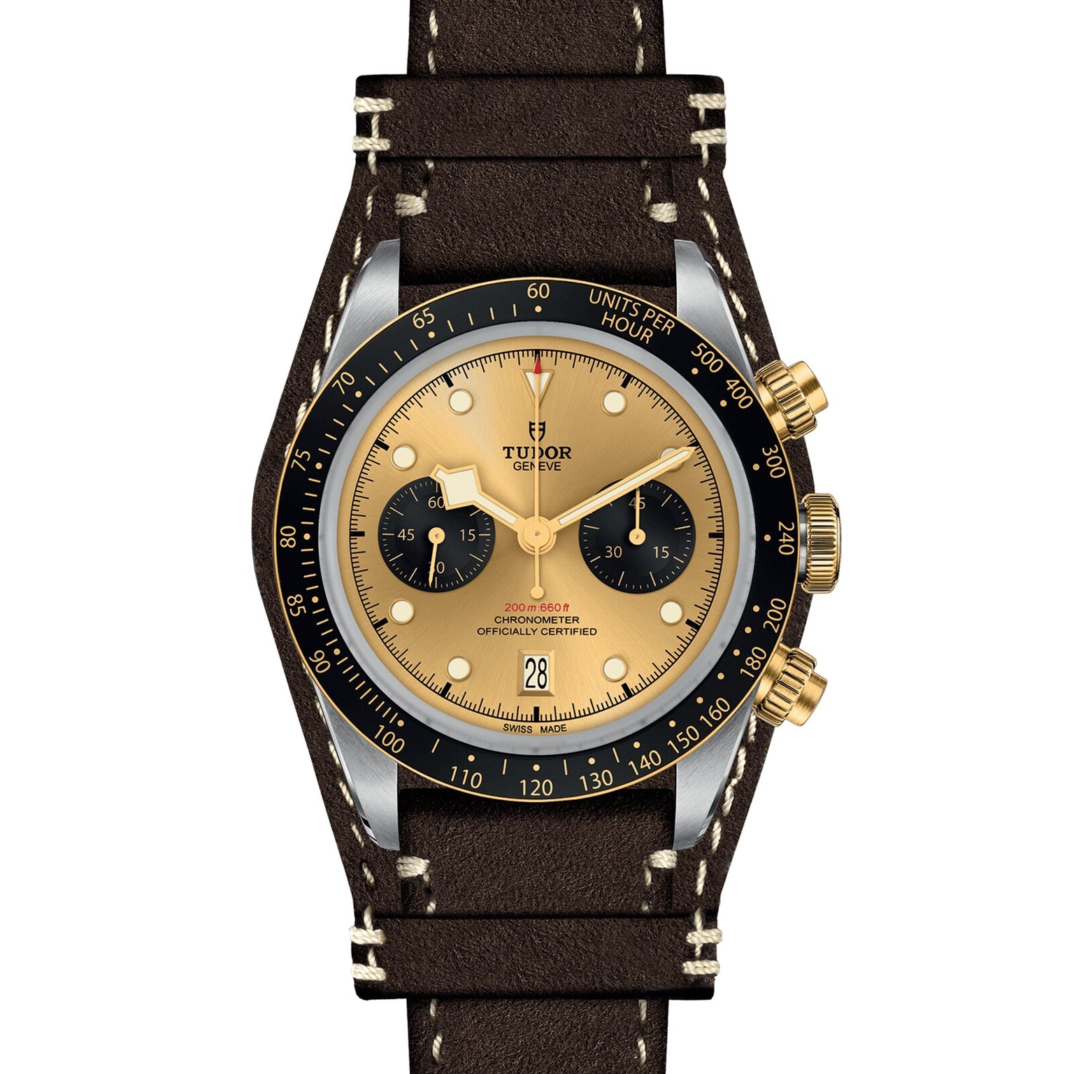 The TUDOR Black Bay Chrono S&G is an automatic sport-chic wristwatch featuring a brown leather strap, gold and black dial with two subdials, black bezel, and gold pushers and crown for timeless style.
