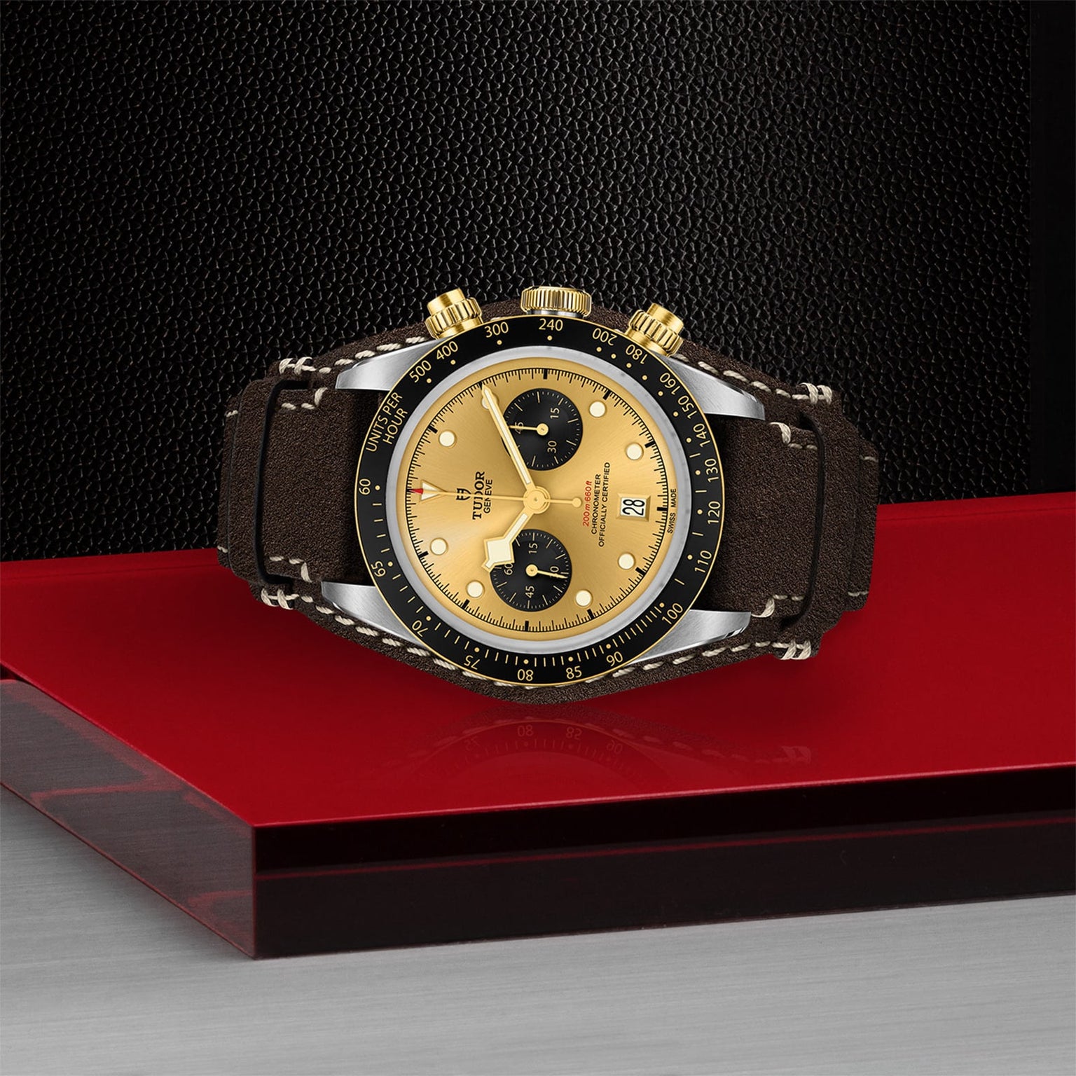 A TUDOR Black Bay Chrono S&G, featuring a gold and black chronograph dial and brown leather strap, is displayed on a red and gray platform against a textured black background.