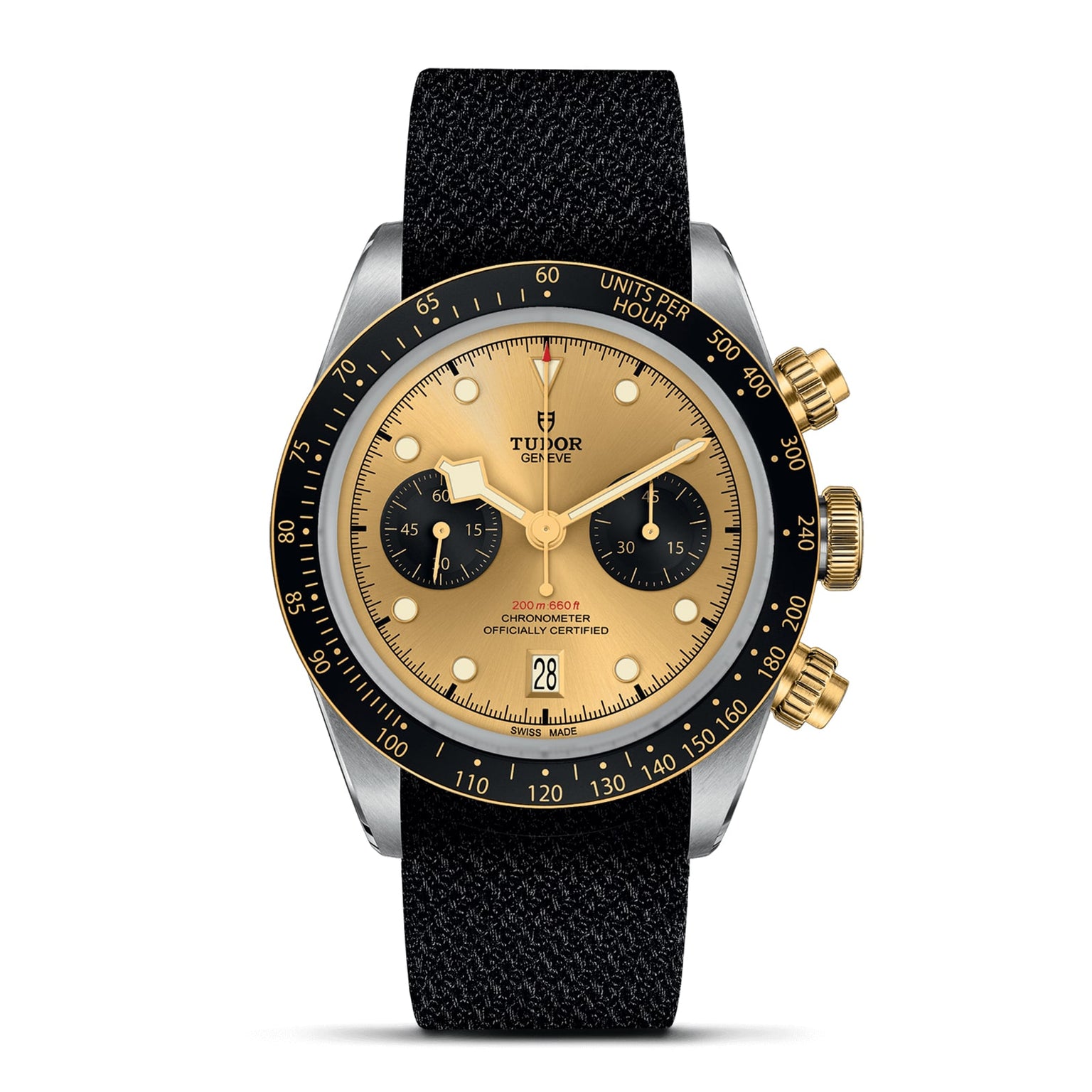 The TUDOR Black Bay Chrono S&G features a gold and black dial, black bezel, gold subdials and pushers, plus a black fabric strap, showing 10:08:37 and the date as 28—a striking example of TUDOR watches.