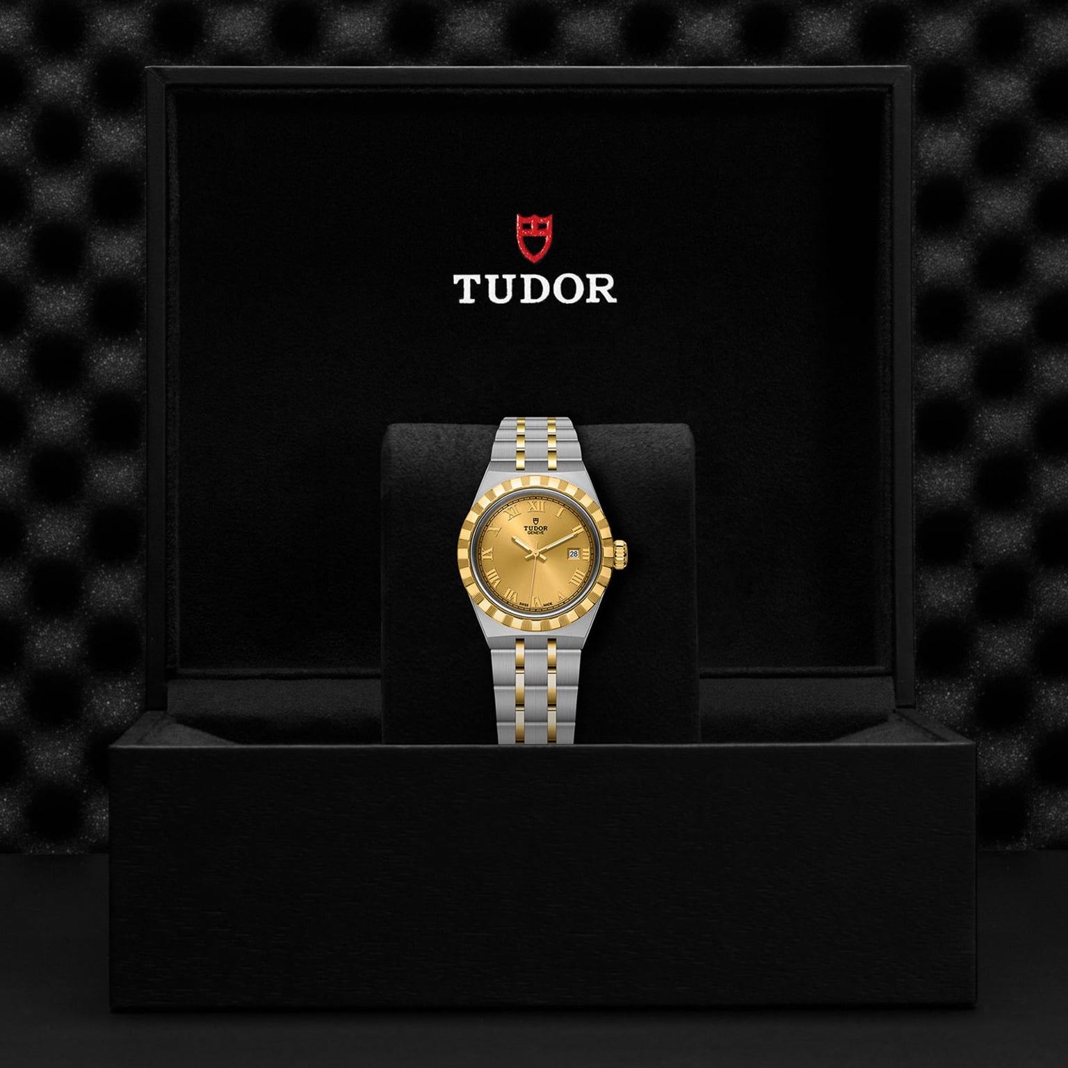 A TUDOR Royal wristwatch featuring a gold face and a stainless steel and gold bracelet is displayed in an open black Tudor box against a textured background.