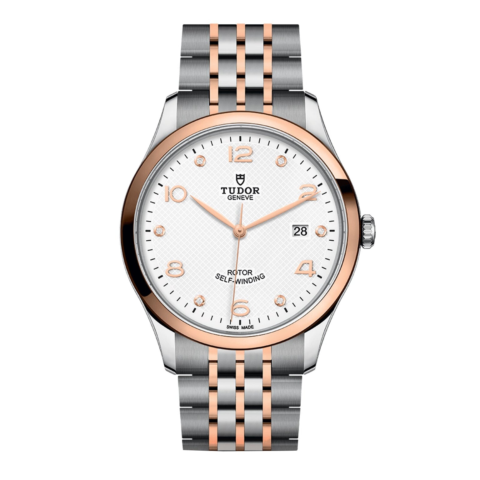 The TUDOR 1926 features a silver and rose gold bracelet, white dial, rose gold markers, date at 3 o’clock, and “Rotor Self-Winding” above 6—a mechanical watch reflecting TUDOR’s timeless Swiss watchmaking heritage.