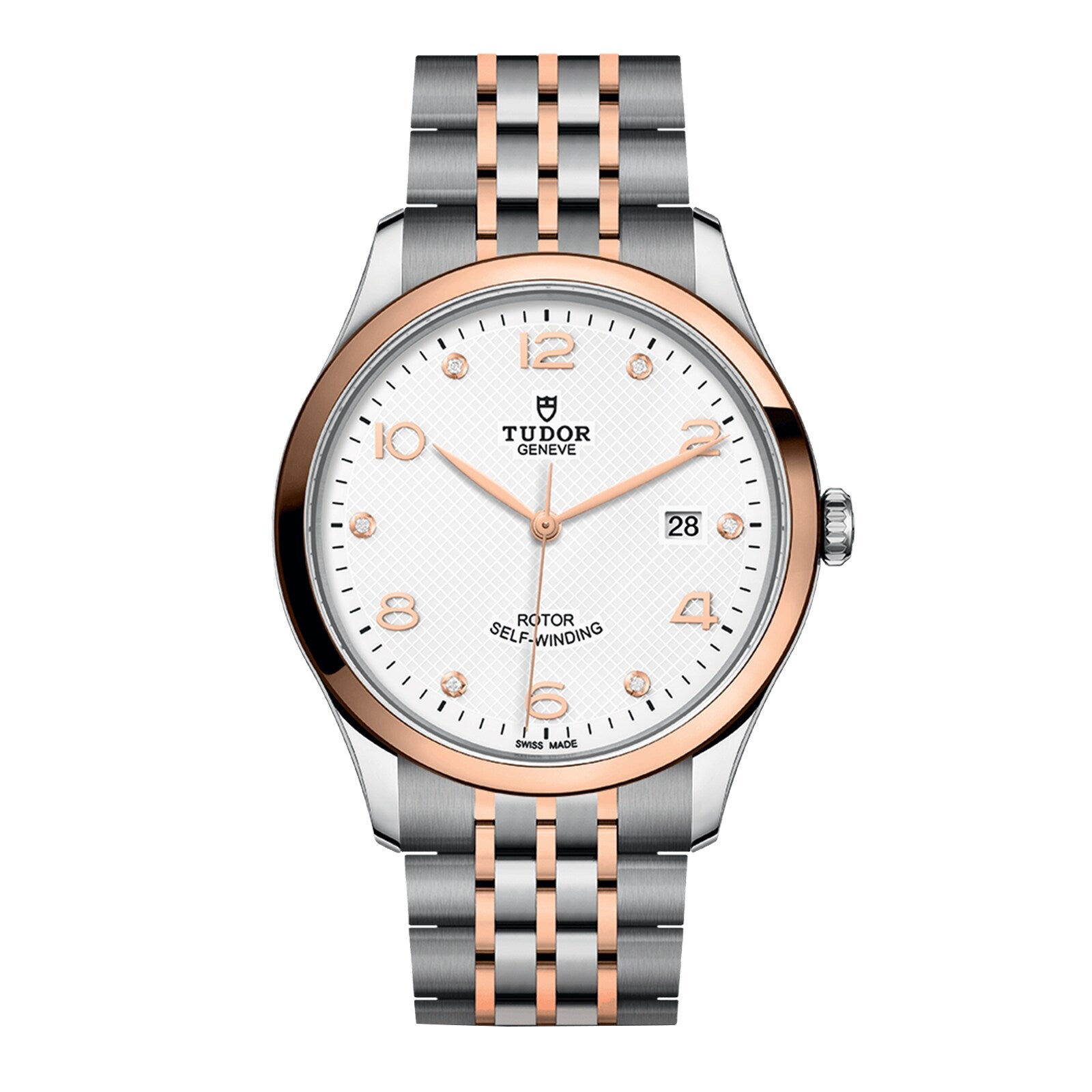 The TUDOR 1926 features a silver and rose gold bracelet, white dial, rose gold markers, date at 3 o’clock, and “Rotor Self-Winding” above 6—a mechanical watch reflecting TUDOR’s timeless Swiss watchmaking heritage.