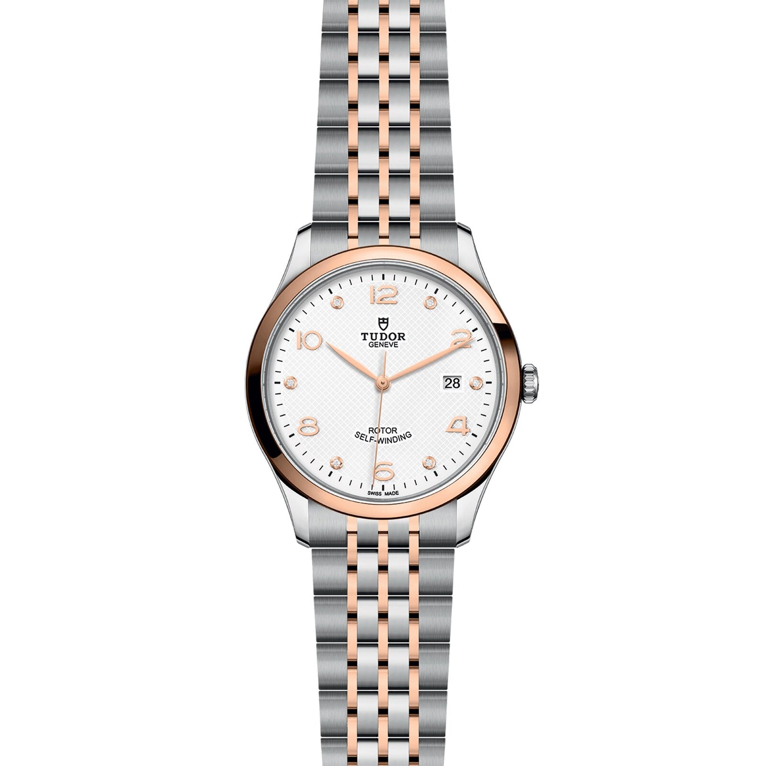 The TUDOR 1926 is a wristwatch with a silver and rose gold bracelet, white dial, gold hour markers, and a date display at 3 o’clock—an elegant tribute to classic mechanical watches.
